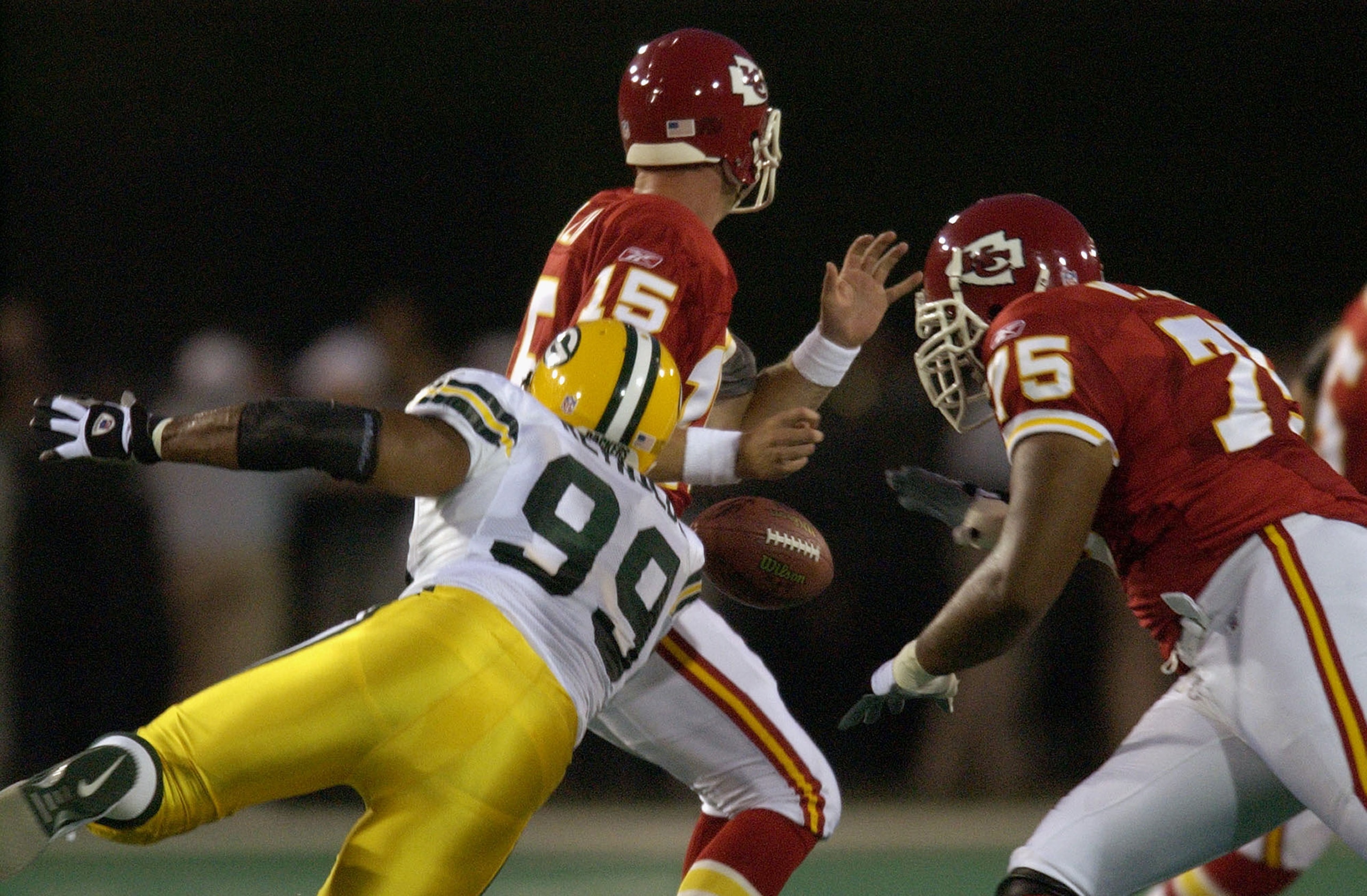CANTON, OH - AUGUST 4: Quarterback Todd Collins #15 of the Kansas City Chiefs fumbles as he is hit by defensive end Jamal Reynolds #99 of the Green Bay Packers during the Hall of Fame game at Fawcett Stadium on August 4, 2003 in Canton, Ohio. The Chiefs CANTON, OH - AUGUST 4: Quarterback Todd Collins #15 of the Kansas City Chiefs fumbles as he is hit by defensive end Jamal Reynolds #99 of the Green Bay Packers during the Hall of Fame game at Fawcett Stadium on August 4, 2003 in Canton, Ohio. The Chiefs