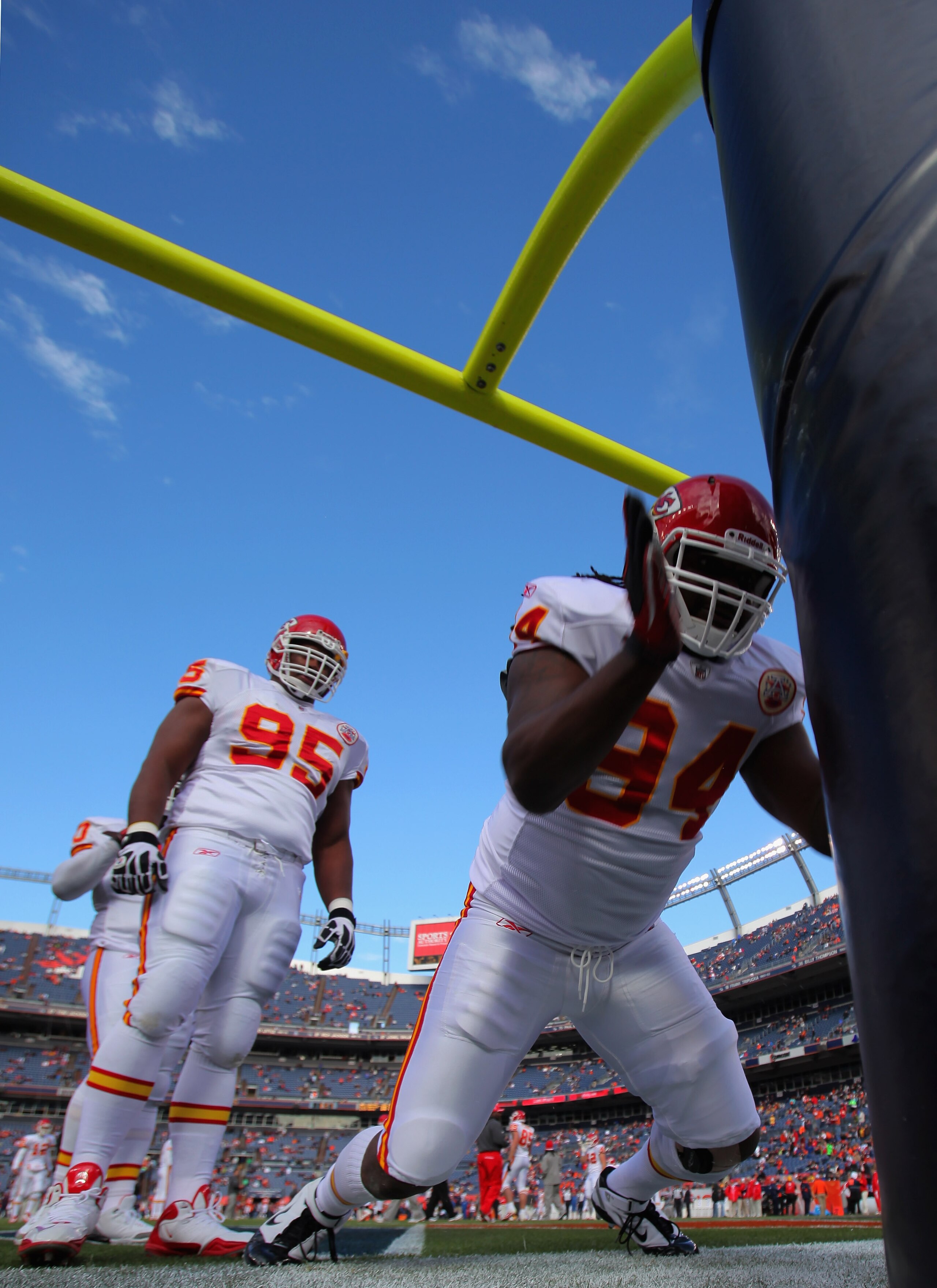 DENVER - NOVEMBER 14: Defensive end Tyson Jackson #94 of the Kansas City Chiefs warms up prior to facing the Denver Bronco at INVESCO Field at Mile High on November 14, 2010 in Denver, Colorado. The Broncos defeated the Chiefs 49-29. (Photo by Doug Pens DENVER - NOVEMBER 14: Defensive end Tyson Jackson #94 of the Kansas City Chiefs warms up prior to facing the Denver Bronco at INVESCO Field at Mile High on November 14, 2010 in Denver, Colorado. The Broncos defeated the Chiefs 49-29. (Photo by Doug Pens