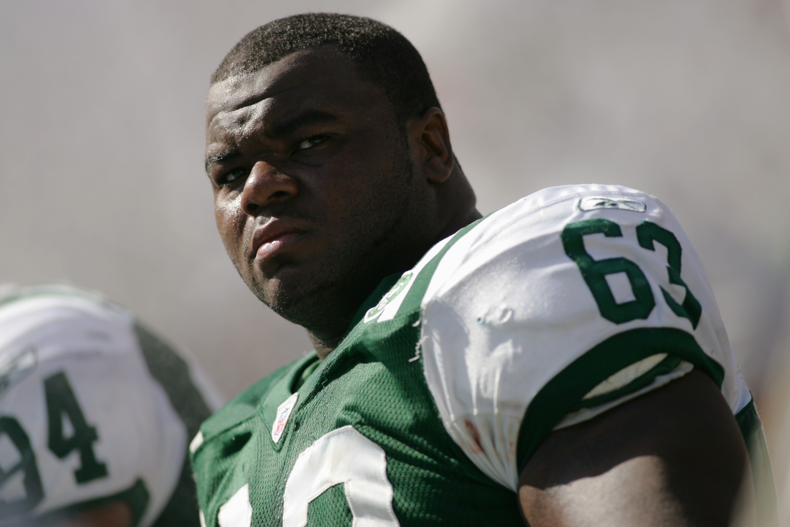 SAN DIEGO - SEPTEMBER 19: Dewayne Robertson #63 of the New York Jets looks on the field during the game against the San Diego Chargers at Qualcomm Stadium on September 19, 2004 in San Diego, California. The Jets defeated the Chargers 34-28. (Photo by Dou SAN DIEGO - SEPTEMBER 19: Dewayne Robertson #63 of the New York Jets looks on the field during the game against the San Diego Chargers at Qualcomm Stadium on September 19, 2004 in San Diego, California. The Jets defeated the Chargers 34-28. (Photo by Dou