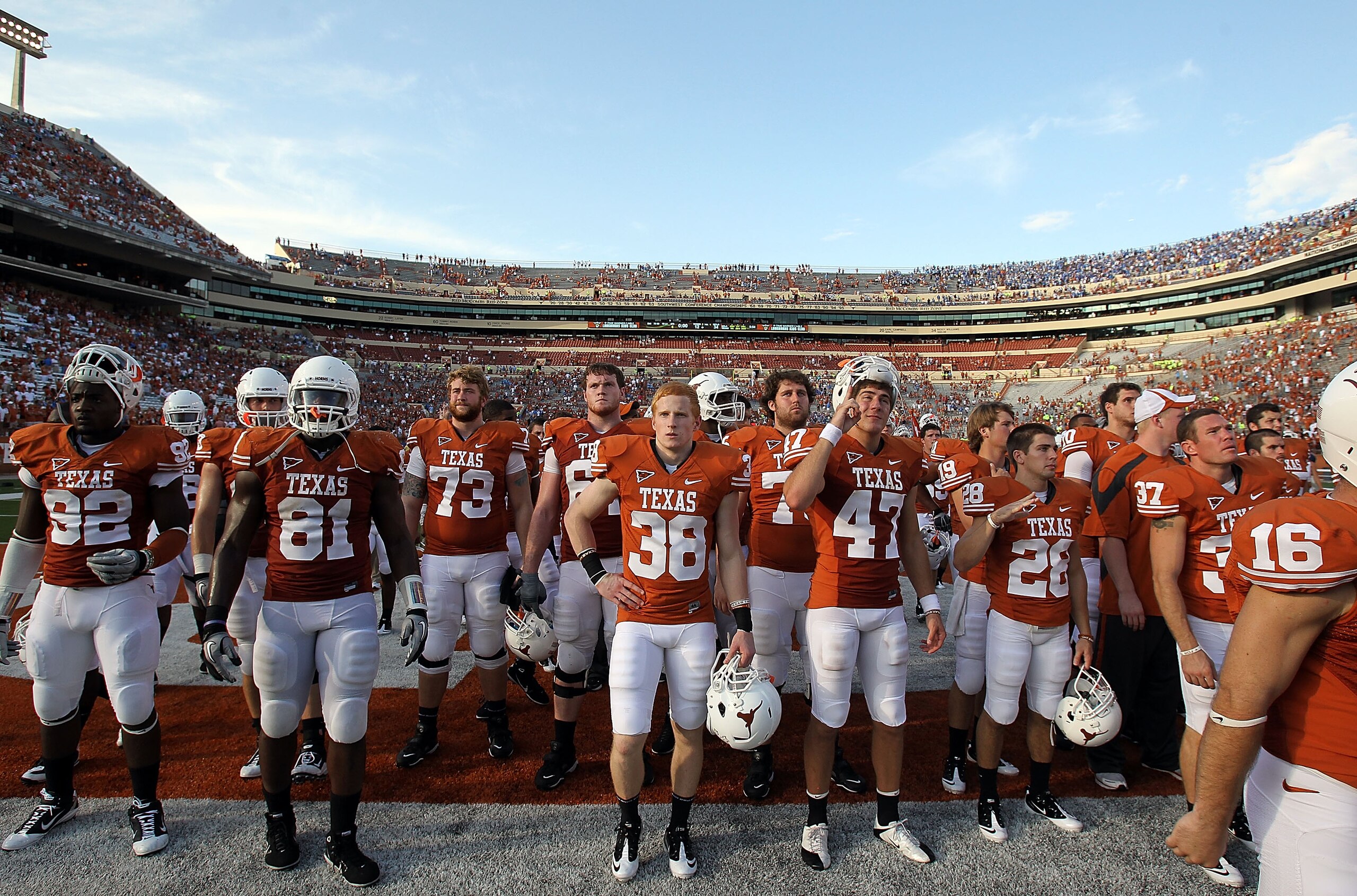 AUSTIN, TX - SEPTEMBER 25:  The Texas Longhorns walk off the field after a 34-12 loss against the UCLA Bruins at Darrell K Royal-Texas Memorial Stadium on September 25, 2010 in Austin, Texas.  (Photo by Ronald Martinez/Getty Images)