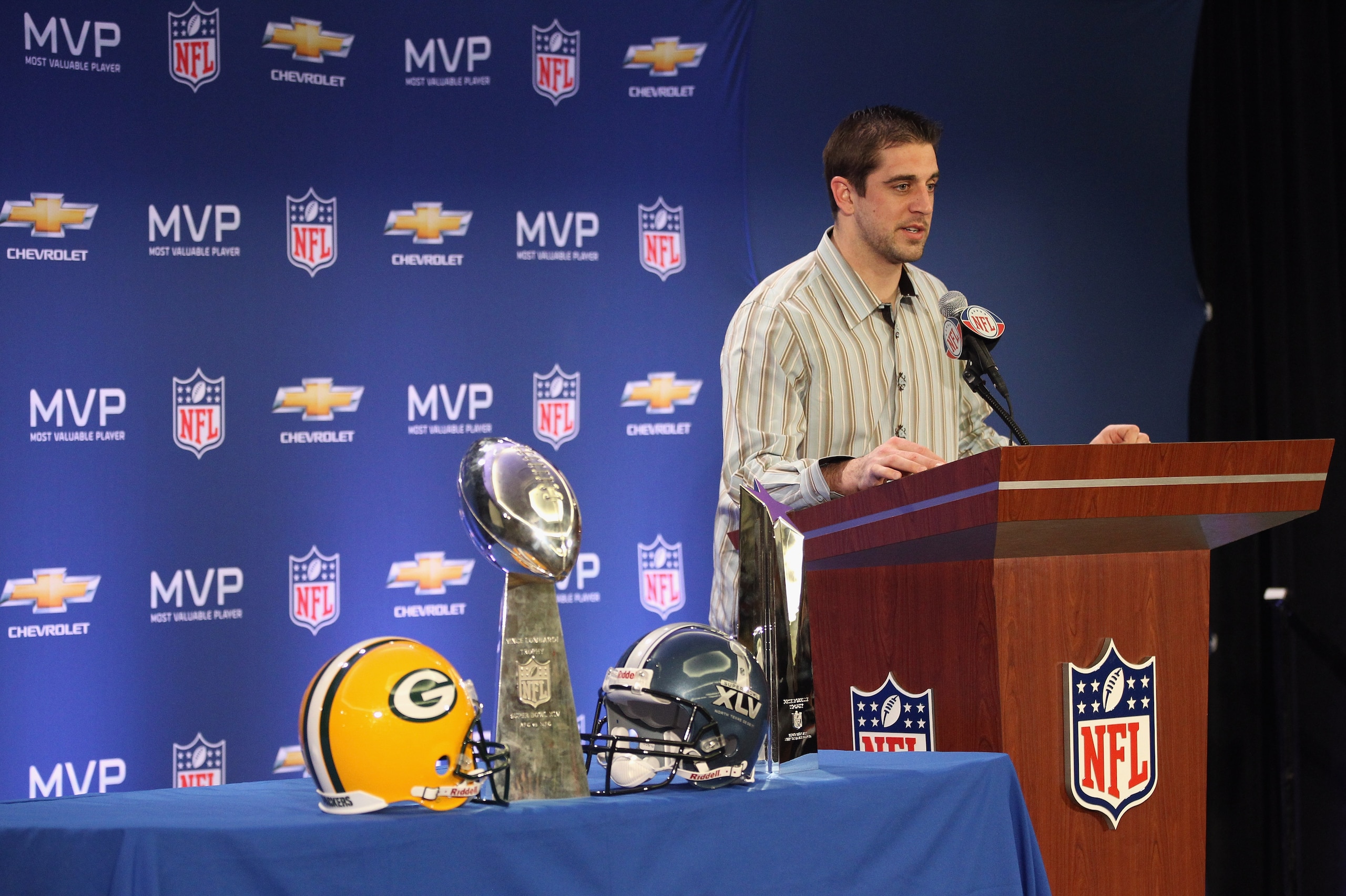 DALLAS, TX - FEBRUARY 07:  Green Bay Packers quarterback Aaron Rodgers speaks to the media during a press conference at Super Bowl XLV Media Center on February 7, 2011 in Dallas, Texas.  (Photo by Streeter Lecka/Getty Images)