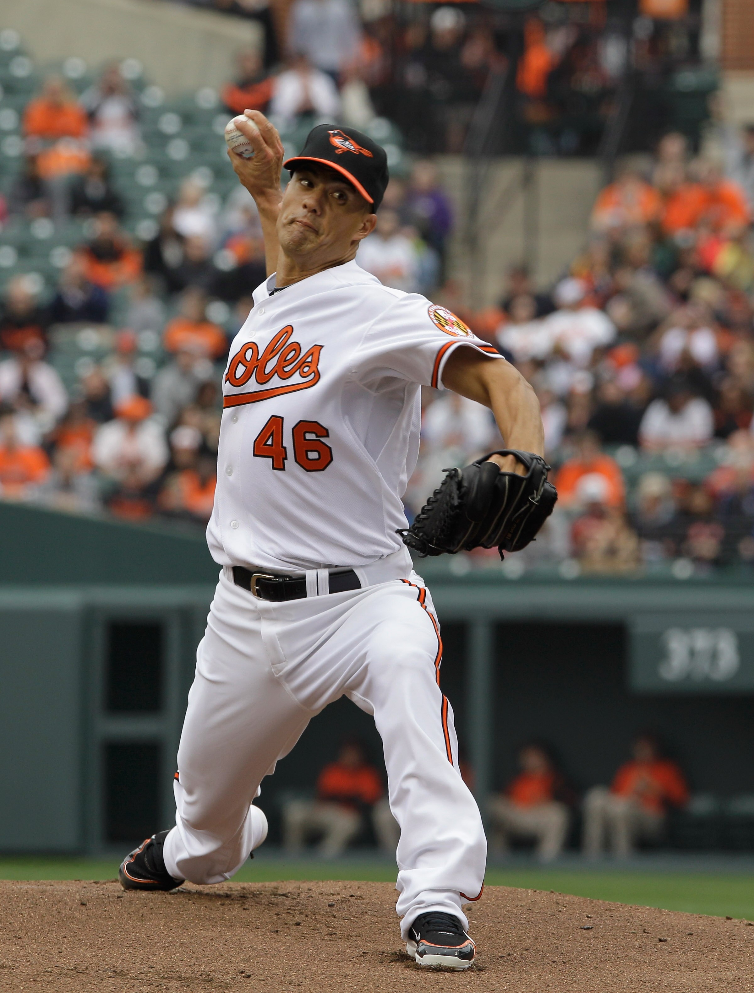 BALTIMORE, MD - APRIL 10:  Starting pitcher Jeremy Guthrie #46 of the Baltimore Orioles delivers to a Texas Rangers batter during the third inning at Oriole Park at Camden Yards on April 10, 2011 in Baltimore, Maryland.  (Photo by Rob Carr/Getty Images)