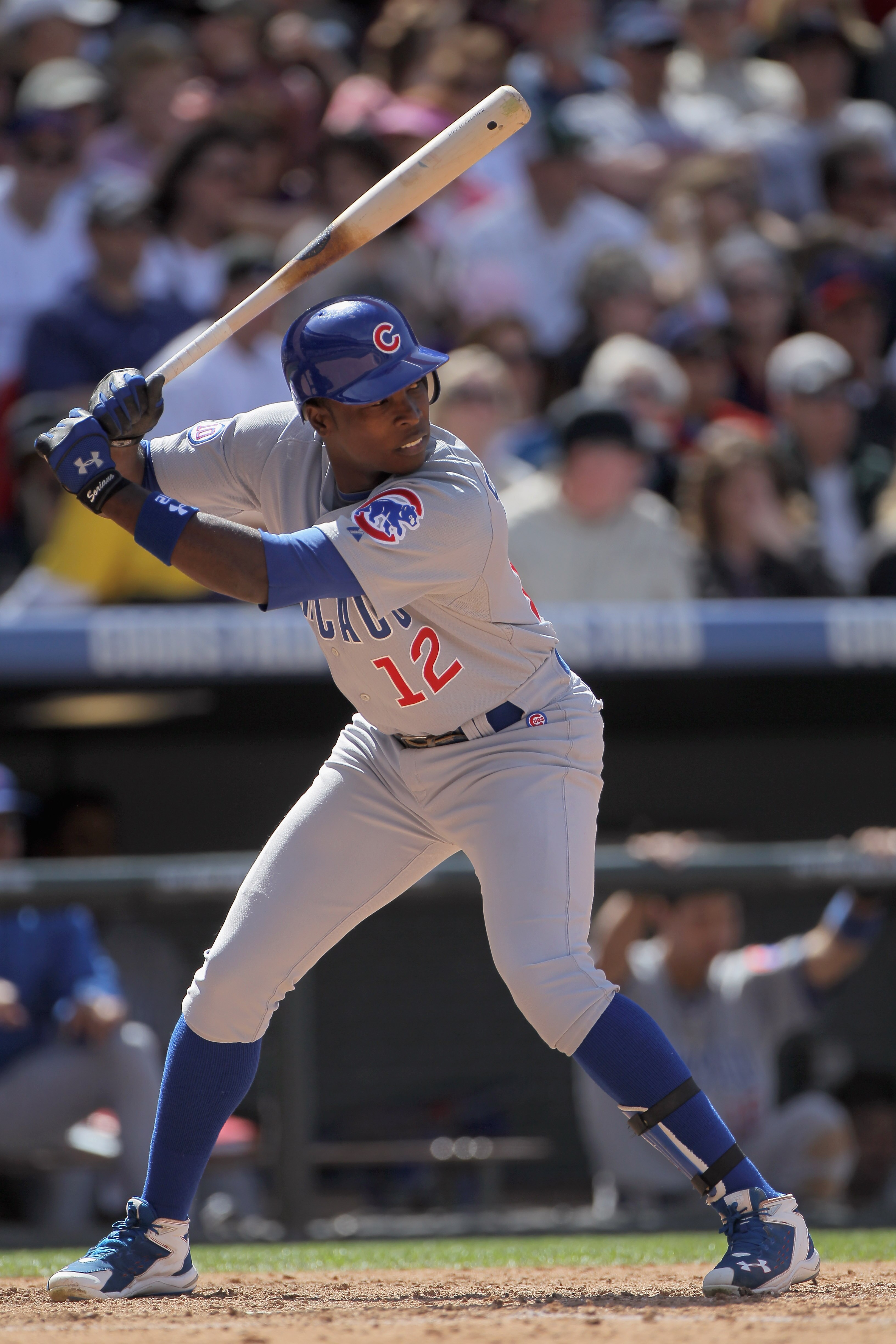 DENVER, CO - APRIL 17:  Alfonso Soriano #12 of the Chicago Cubs takes an at bat against the Colorado Rockies at Coors Field on April 17, 2011 in Denver, Colorado.  (Photo by Doug Pensinger/Getty Images)