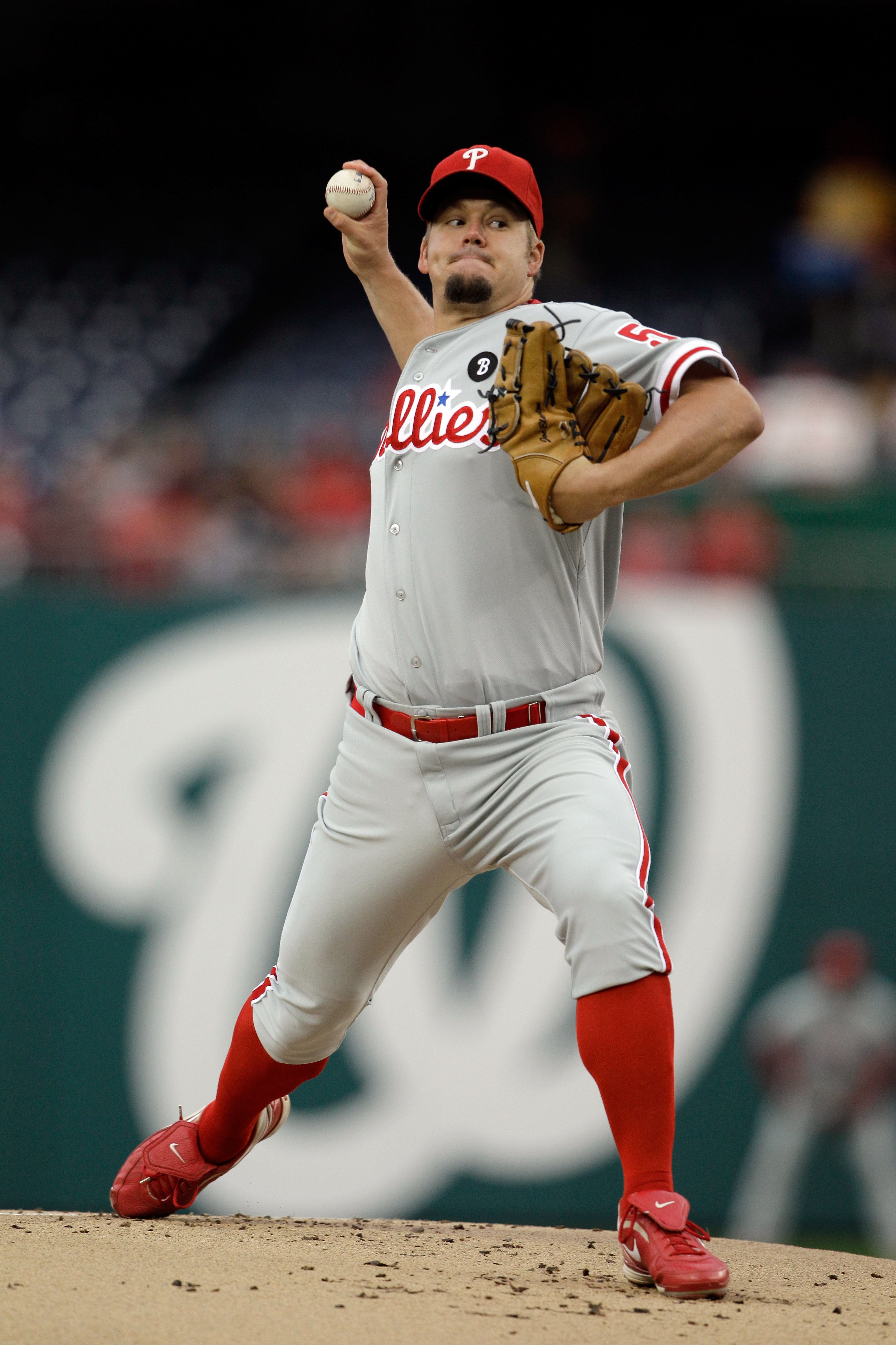 WASHINGTON, DC - APRIL 12: Pitcher Joe Blanton #56 of the Philadelphia Phillies delivers to a Washington Nationals batter at Nationals Park on April 12, 2011 in Washington, DC. (Photo by Rob Carr/Getty Images)