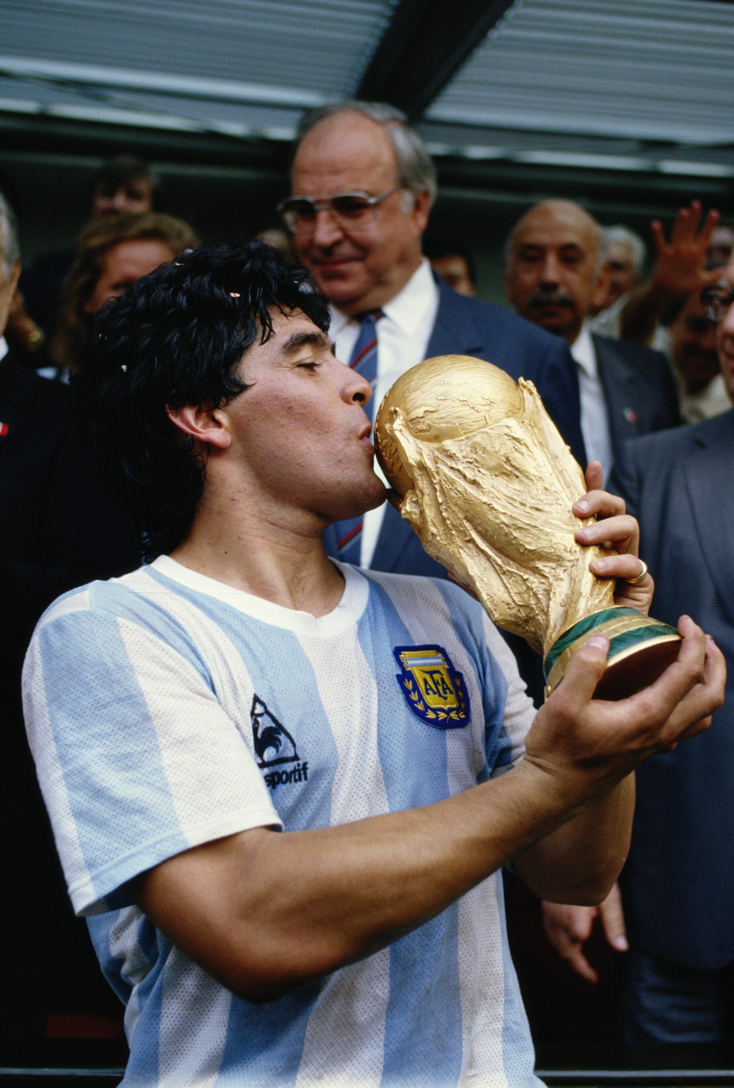 29 Jul 1986:  Diego Maradona of Argentina kisses the trophy after the World Cup final against West Germany at the Azteca Stadium in Mexico City. Argentina won the match 3-2. \ Mandatory Credit: Allsport UK /Allsport