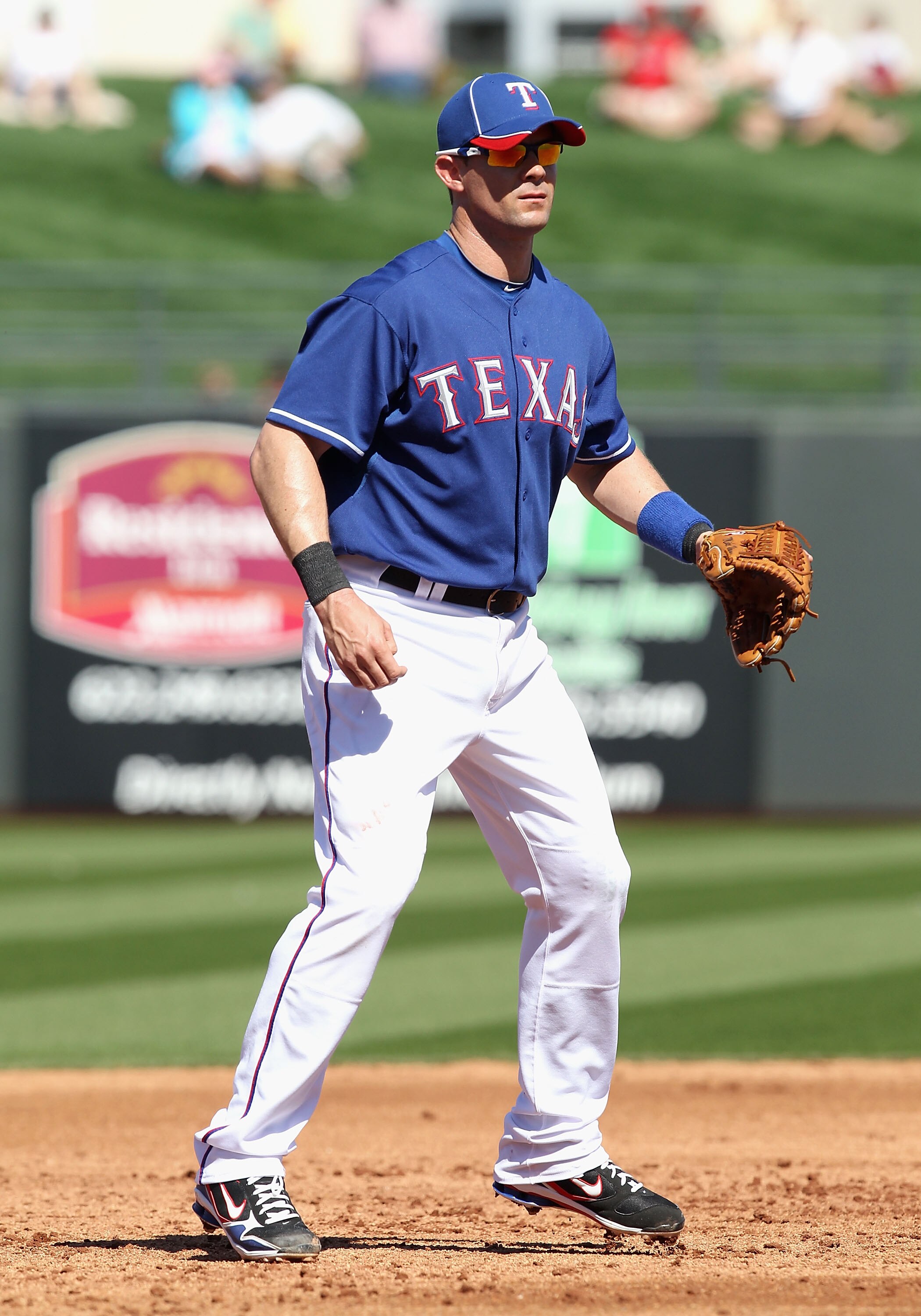SURPRISE, AZ - MARCH 02:  Infielder Michael Young #10 of the Texas Rangers during the spring training game against the Los Angeles Angels of Anaheim at Surprise Stadium on March 2, 2011 in Surprise, Arizona.  (Photo by Christian Petersen/Getty Images)