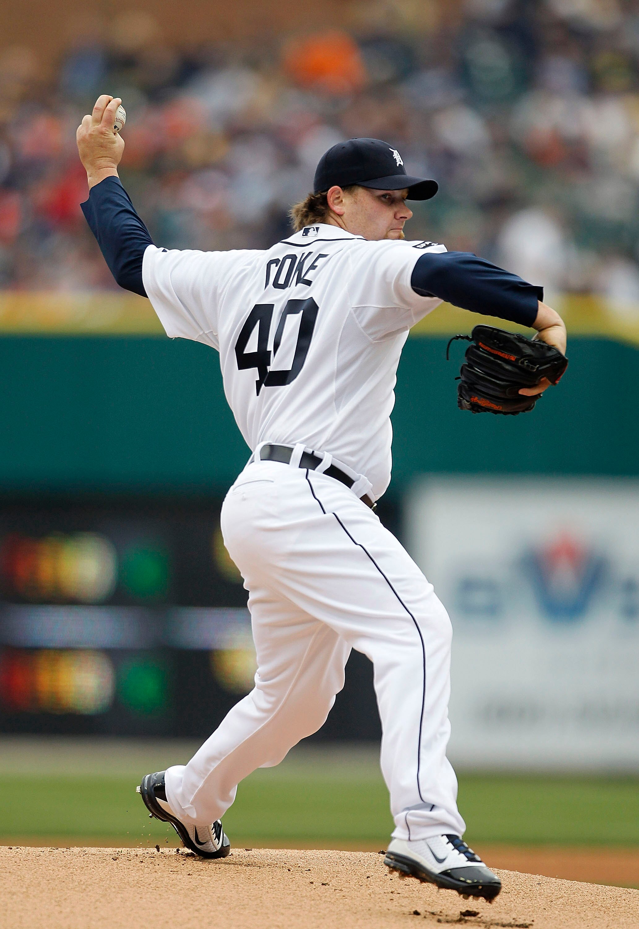 DETROIT - APRIL 09:  Phil Coke #40 of the Detroit Tigers pitches in the first inning during the game against the Kansas City Royals at Comerica Park on April 9, 2011 in Detroit, Michigan.  (Photo by Leon Halip/Getty Images)