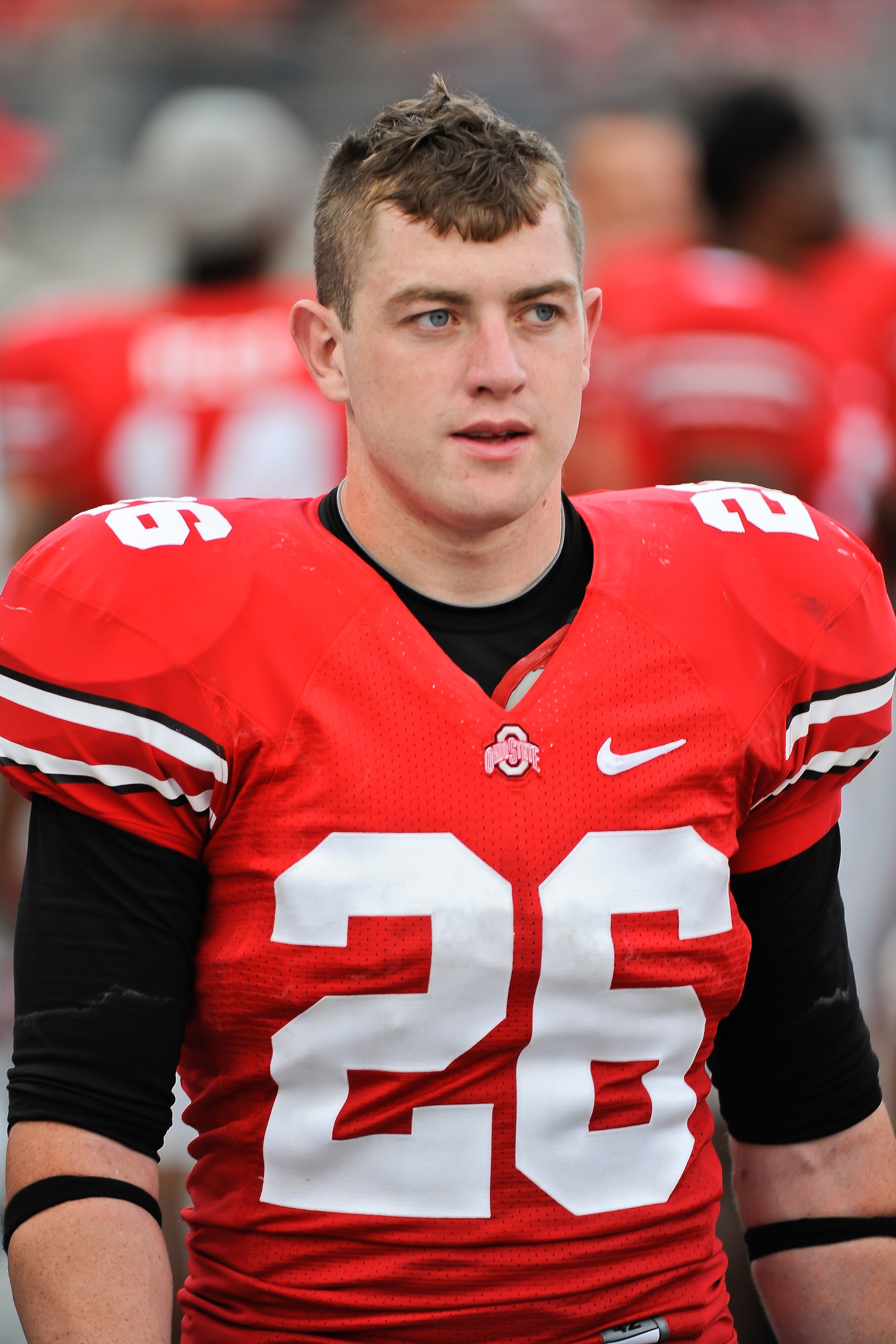 COLUMBUS, OH - SEPTEMBER 25:  Tyler Moeller #26 of the Ohio State Buckeyes stands on the sideline during a game against the Eastern Michigan Eagles at Ohio Stadium on September 25, 2010 in Columbus, Ohio.  Ohio State won 73-20. (Photo by Jamie Sabau/Getty
