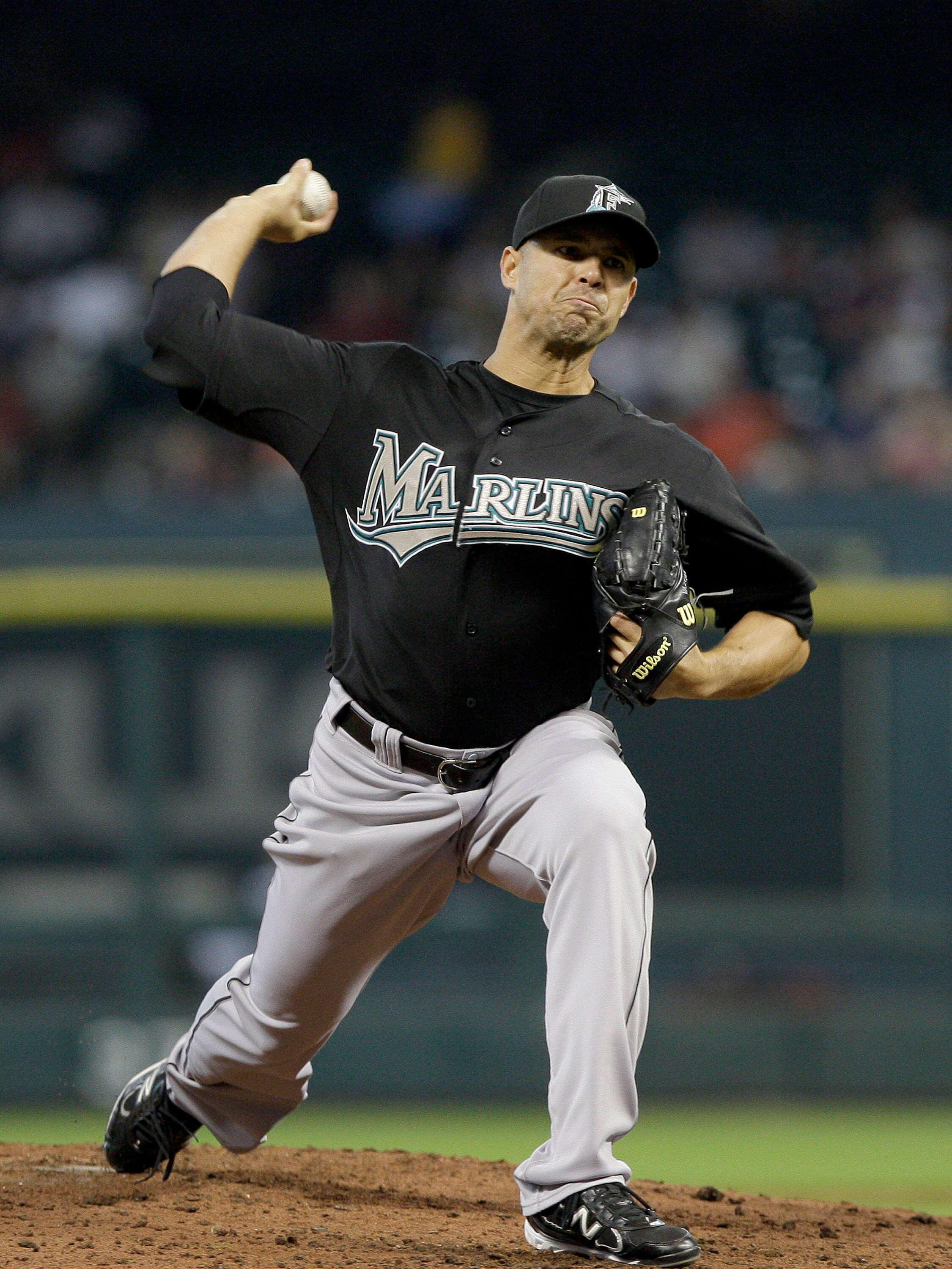 HOUSTON, TX - APRIL 09 : Pitcher Javier Vasquez , #23 of the Florida Marlins pitches against  the Houston Astros in a MLB game on April 9, 2011 at Minute Maid Park in Houston, Texas. The Marlins won 4 to 3. (Photo by Thomas B. Shea / Getty Images)