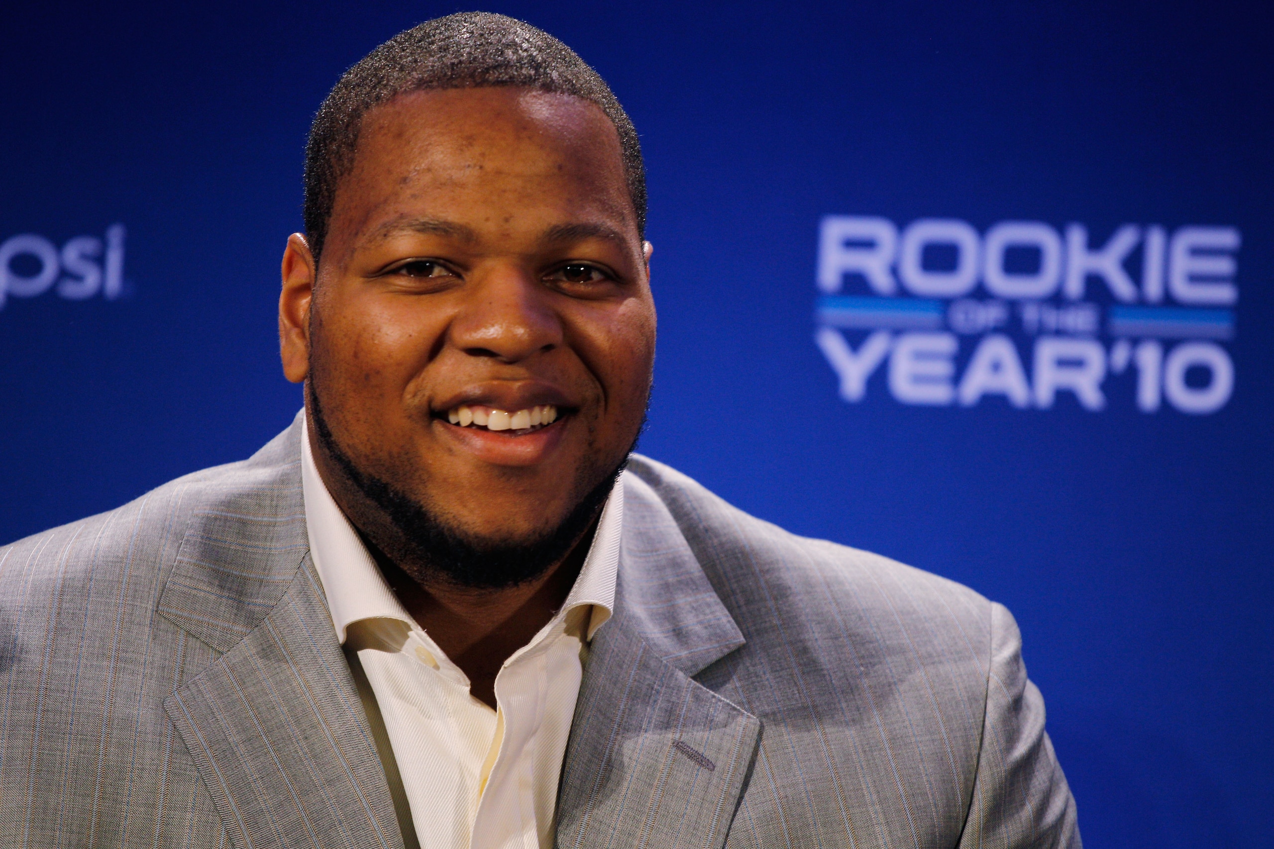 DALLAS, TX - FEBRUARY 03: Ndamukong Suh #90 of the Detroit Lions speaks during a press conference where he accepted Pepsi's 2010 NFL Rookie of the Year Award at the Super Bowl XLV media center on February 3, 2011 in Dallas, Texas. The Green Bay Packers w DALLAS, TX - FEBRUARY 03: Ndamukong Suh #90 of the Detroit Lions speaks during a press conference where he accepted Pepsi's 2010 NFL Rookie of the Year Award at the Super Bowl XLV media center on February 3, 2011 in Dallas, Texas. The Green Bay Packers w