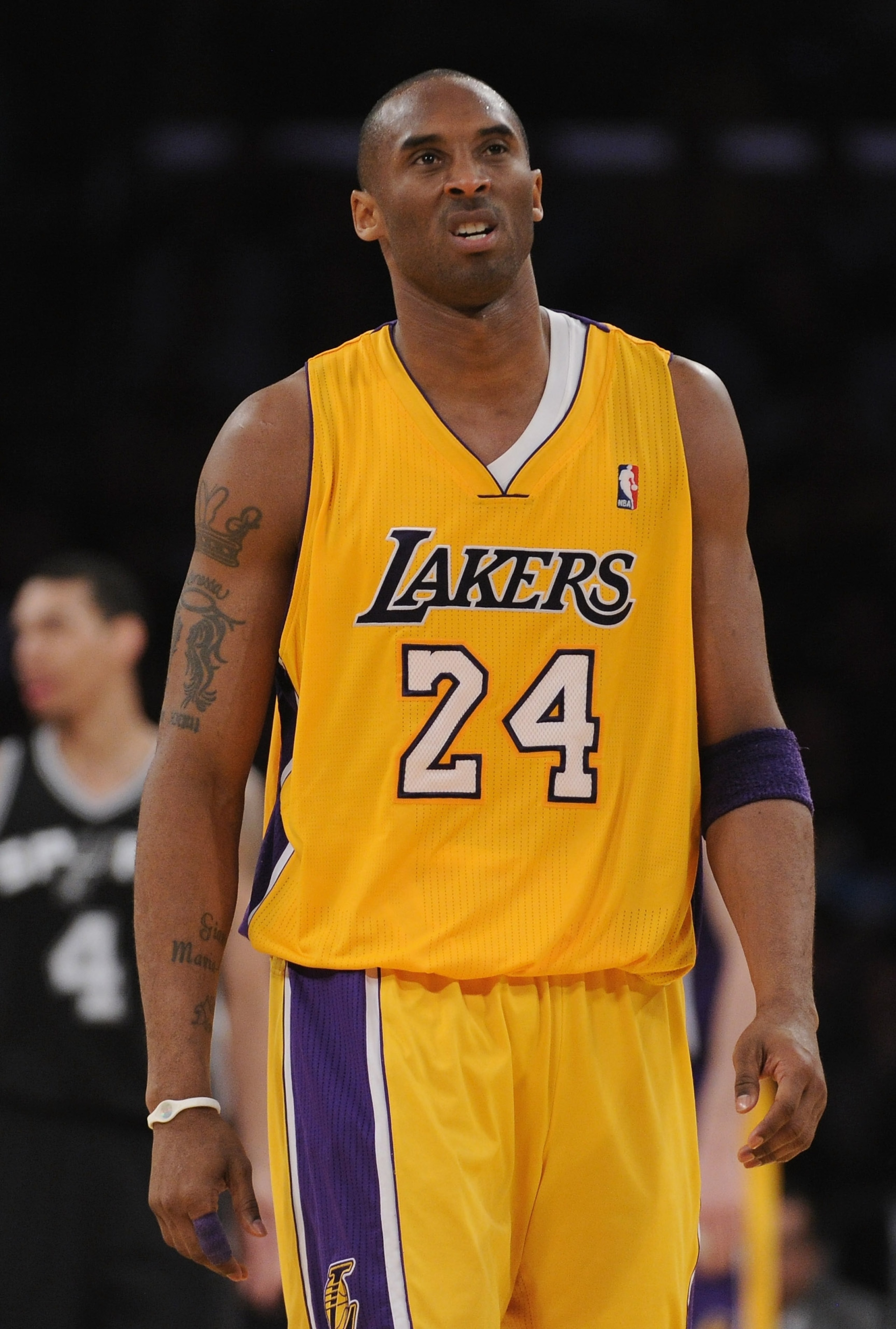 LOS ANGELES, CA - APRIL 12:  Kobe Bryant #24 of the Los Angeles Lakers reacts after a fould during the game against the San Antonio Spurs at Staples Center on April 12, 2011 in Los Angeles, California.  NOTE TO USER: User expressly acknowledges and agrees