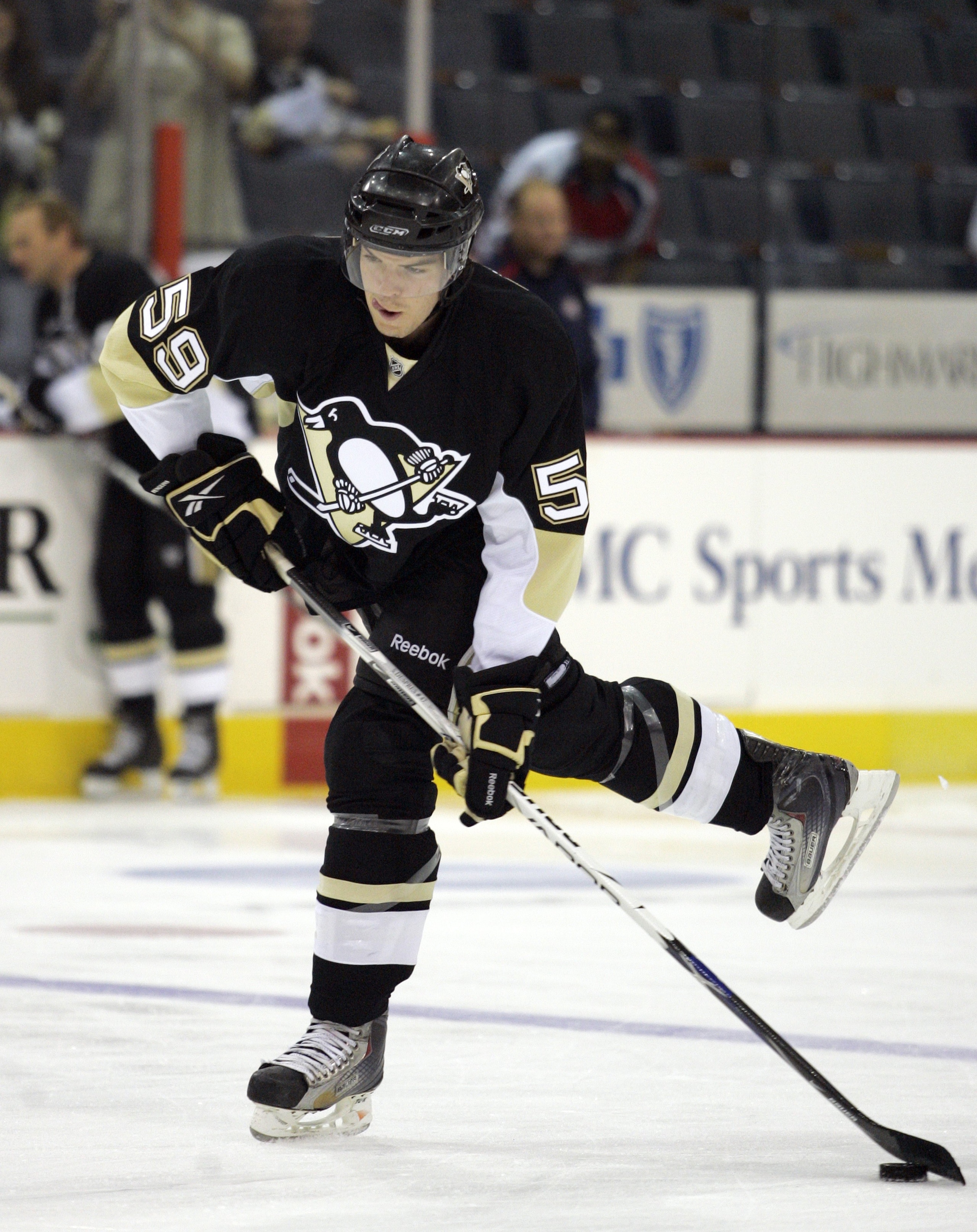 PITTSBURGH, PA - SEPTEMBER 15:  Simon Despres #59 of the Pittsburgh Penguins warms up before taking on the Columbus Blue Jackets at Mellon Arena on September 15, 2009 in Pittsburgh, Pennsylvania.  (Photo by Justin K. Aller/Getty Images)