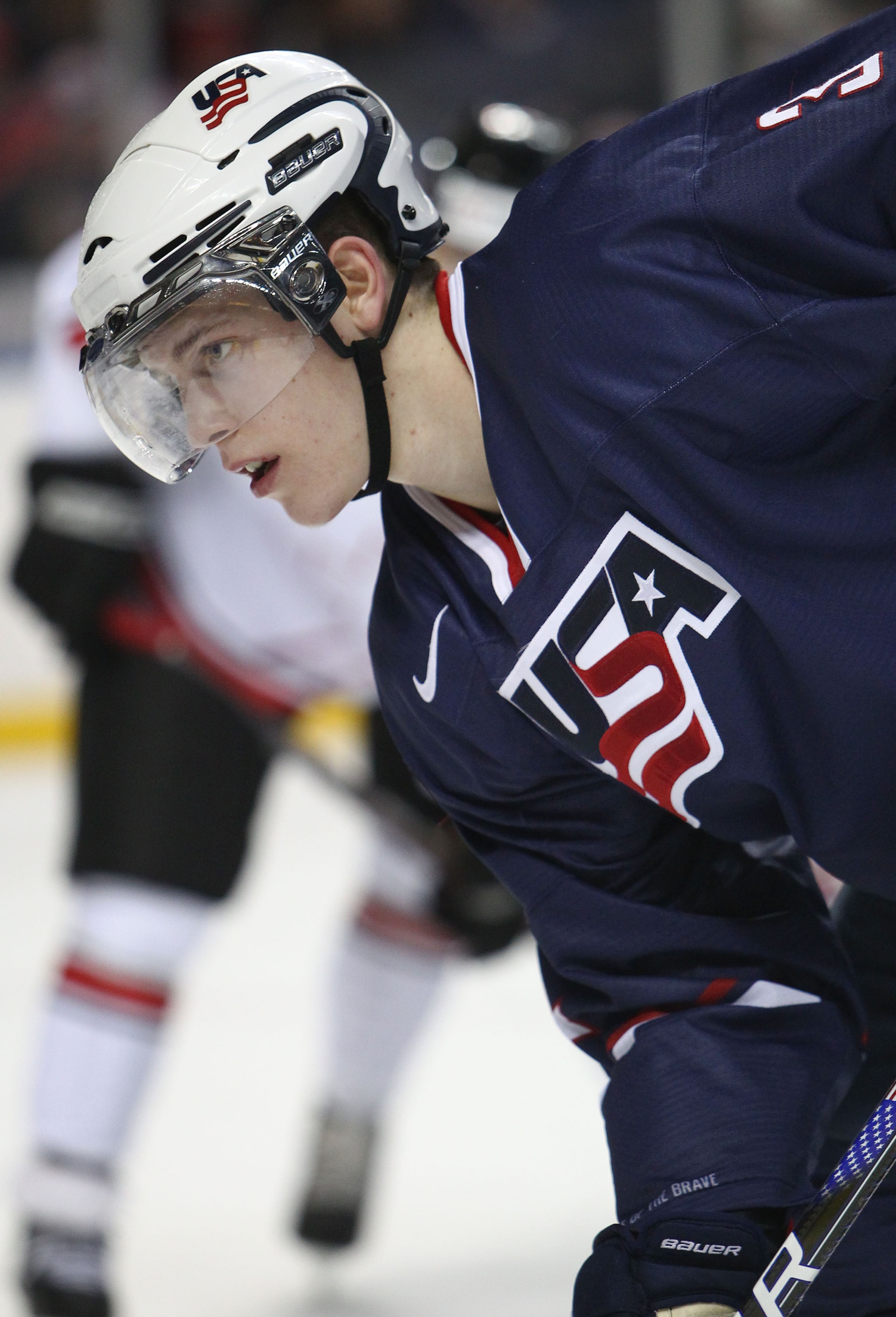 BUFFALO, NY - DECEMBER 31: Forward Charlie Coyle #3 of USA prepares for a face-off during the 2011 IIHF World U20 Championship game between USA and Switzerland on December 31, 2010 at HSBC Arena in Buffalo, New York. (Photo by Tom Szczerbowski/Getty Image