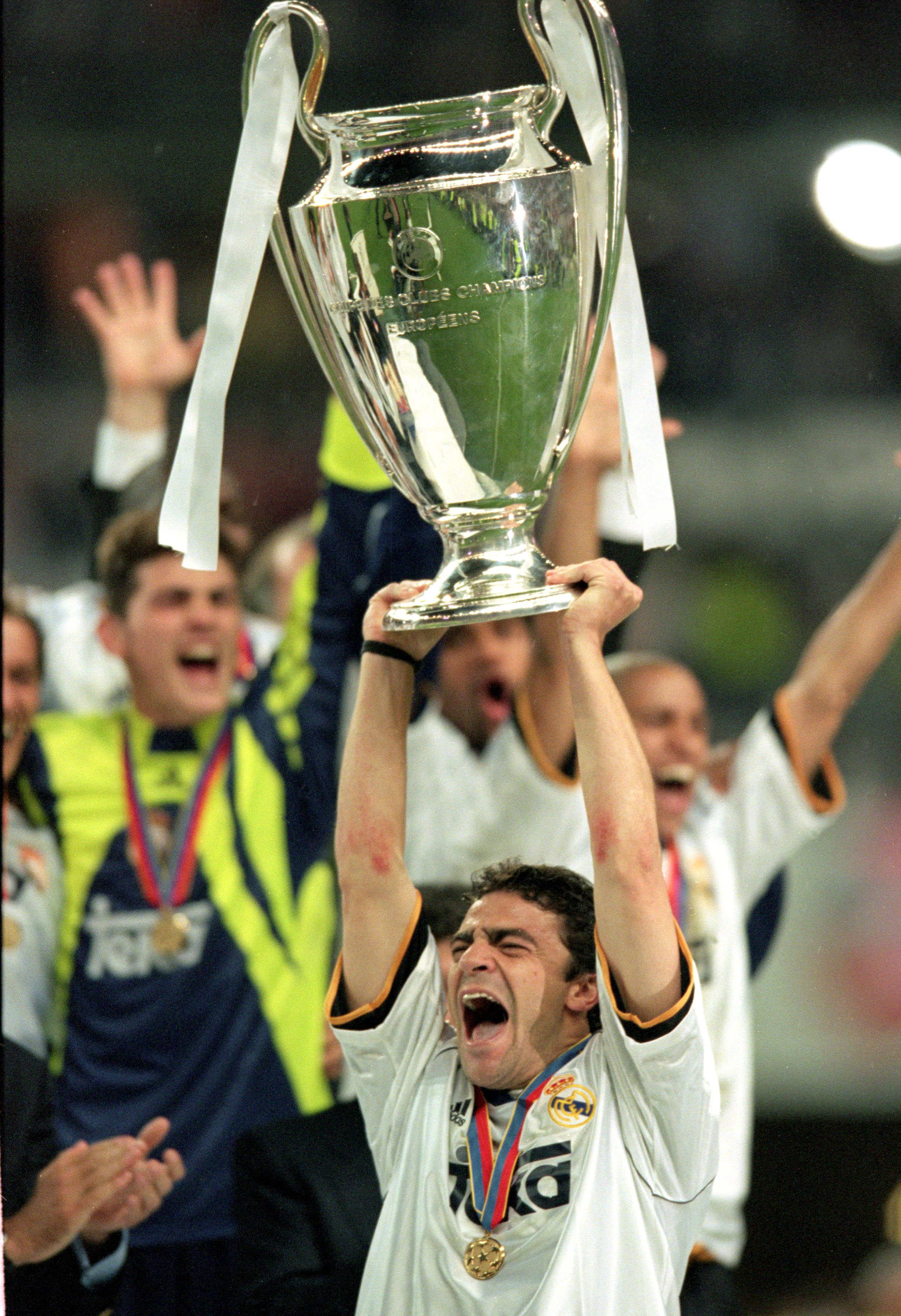 24 May 2000:  Manuel Sanchis of Real Madrid holds the trophy high after the European Champions League Final 2000 against Valencia at the Stade de France, Saint-Denis, France. Real Madrid won 3-0. \ Mandatory Credit: Shaun Botterill /Allsport