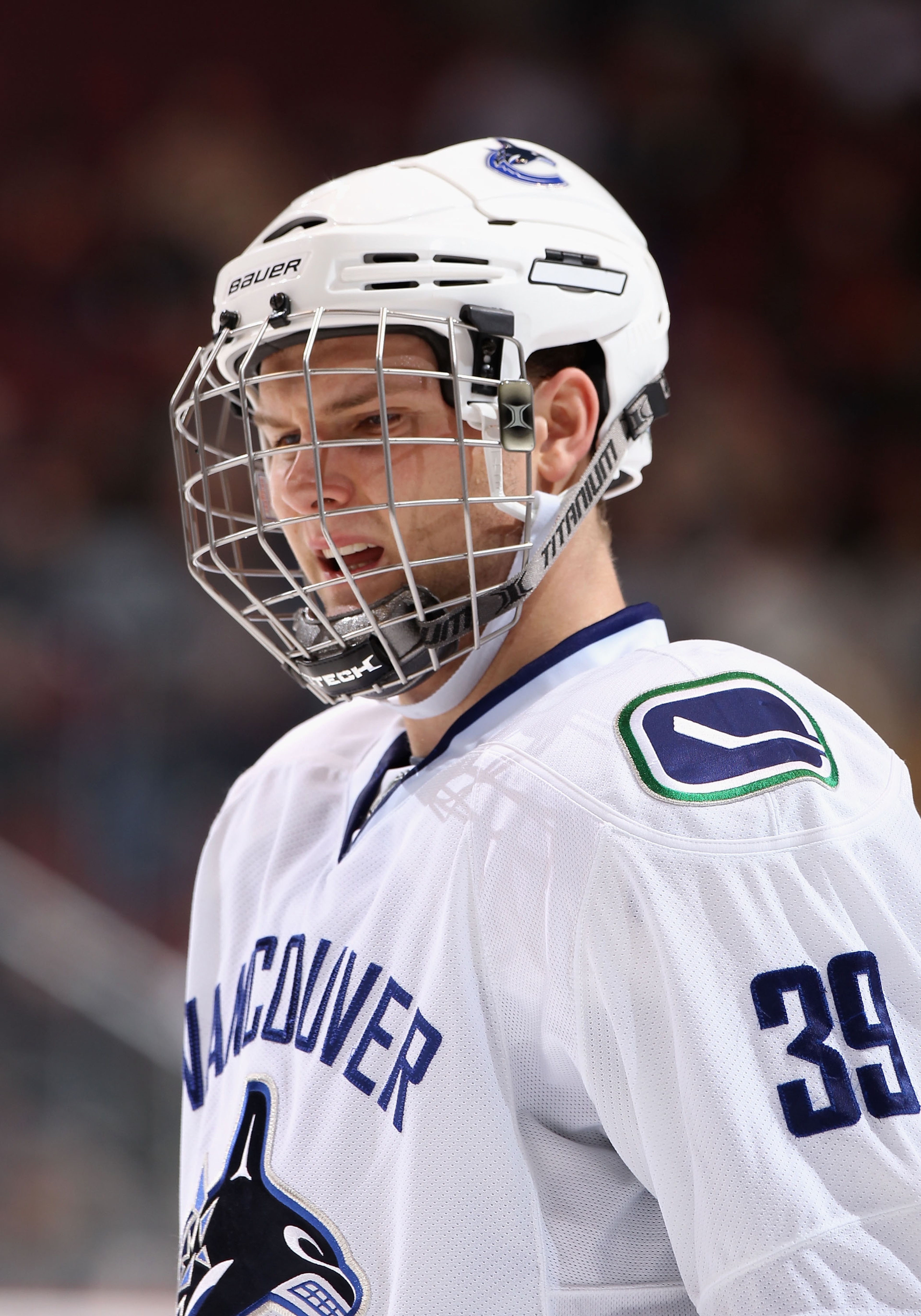 GLENDALE, AZ - FEBRUARY 02:  Cody Hodgson #39 of the Vancouver Canucks skates up to a face off against the Phoenix Coyotes during the NHL game at Jobing.com Arena on February 2, 2011 in Glendale, Arizona. The Canucks defeated the Coyotes 6-0.  (Photo by C