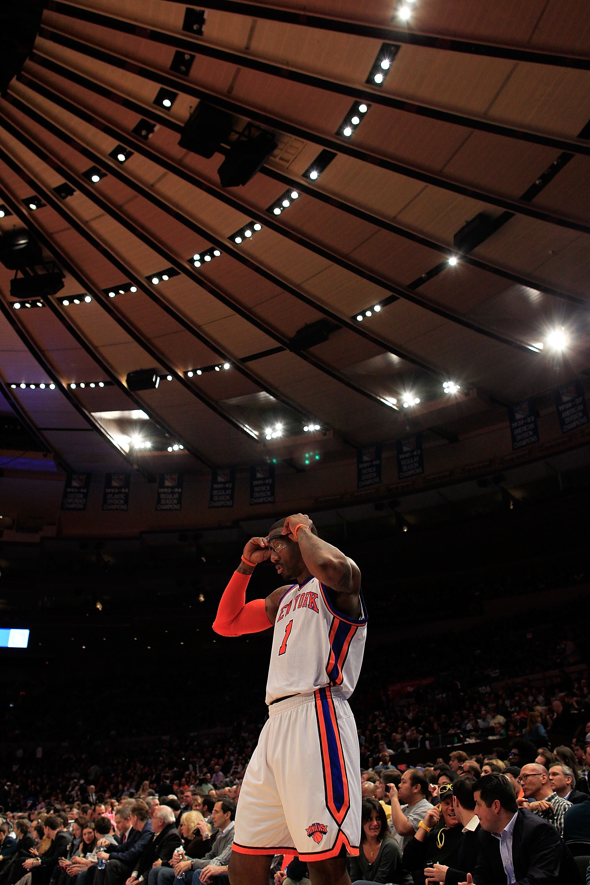 NEW YORK, NY - MARCH 30:  Amar'e Stoudemire #1 of the New York Knicks on the court against the New Jersey Nets at Madison Square Garden on March 30, 2011 in New York City. NOTE TO USER: User expressly acknowledges and agrees that, by downloading and/or us