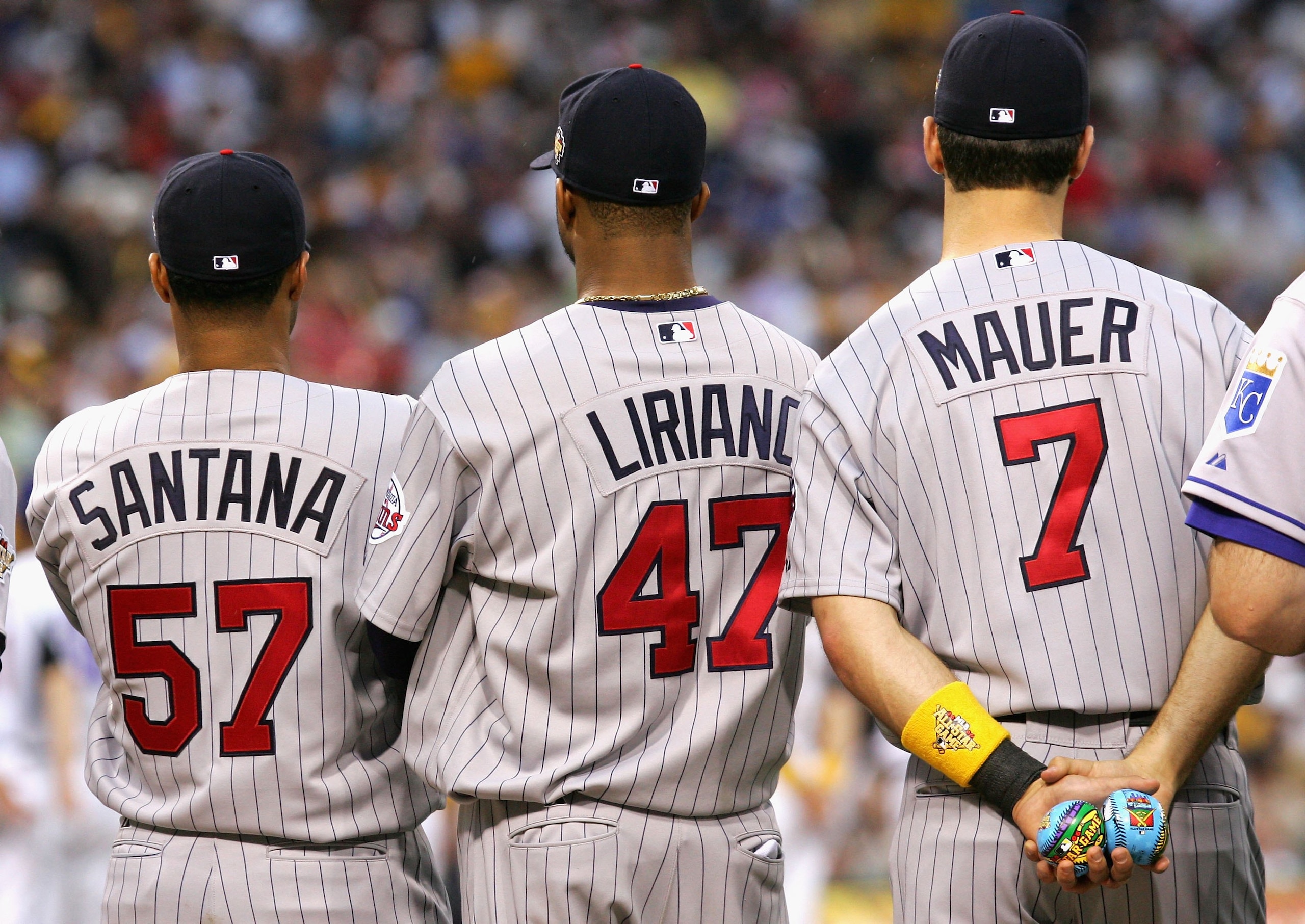 PITTSBURGH - JULY 11: (L-R) American League All-Star Johan Santana #57 of the Minnesota Twins, Francisco Liriano #47 of the Minnesota Twins and Joe Mauer #7 of the Minnesota Twins stands during the 77th MLB All-Star Game at PNC Park on July 11, 2006 in PITTSBURGH - JULY 11: (L-R) American League All-Star Johan Santana #57 of the Minnesota Twins, Francisco Liriano #47 of the Minnesota Twins and Joe Mauer #7 of the Minnesota Twins stands during the 77th MLB All-Star Game at PNC Park on July 11, 2006 in