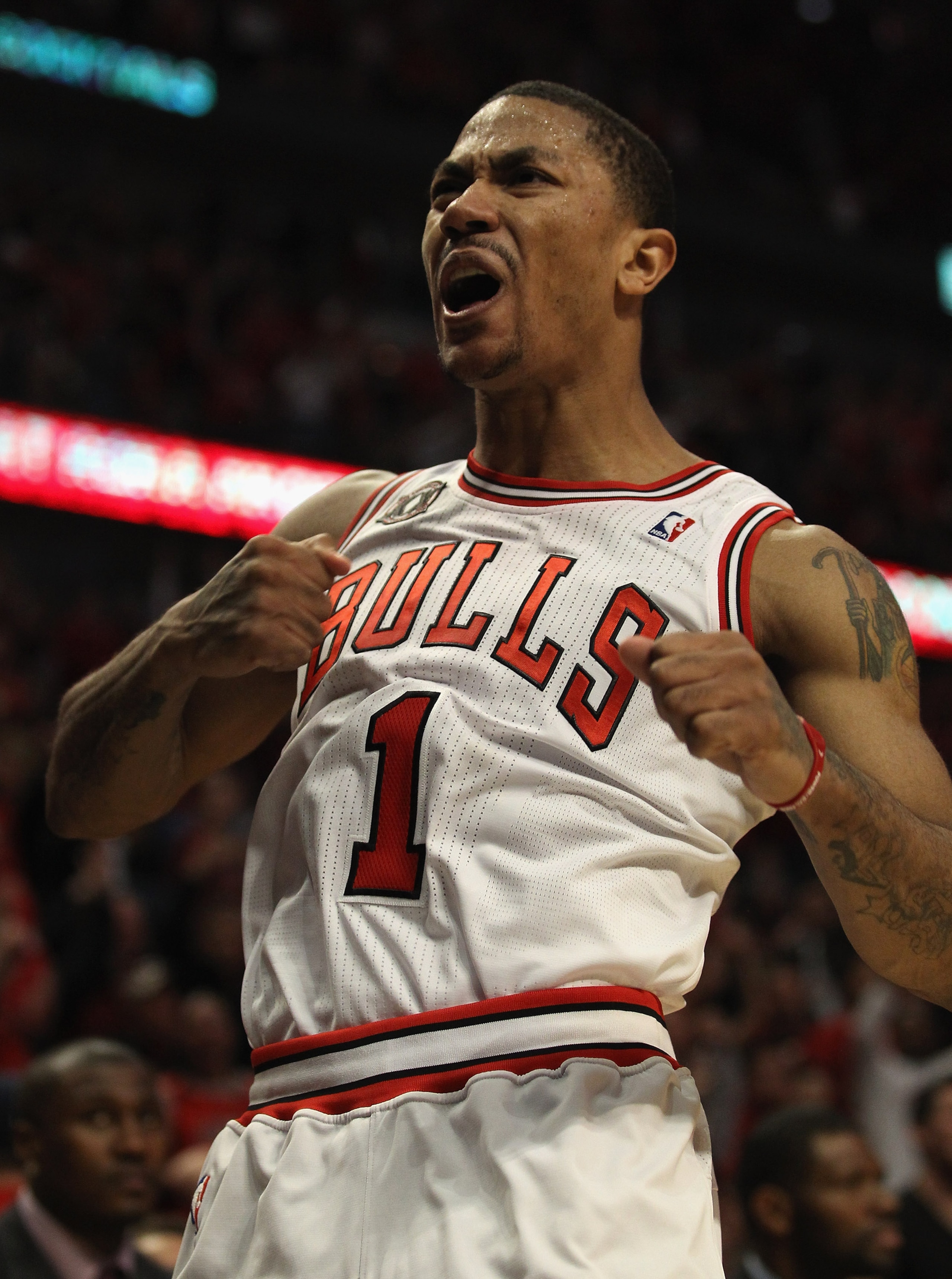CHICAGO, IL - APRIL 16: Derrick Rose #1 of the Chicago Bulls pounds his chest after hitting a shot against the Indiana Pacers in Game One of the Eastern Conference Quarterfinals in the 2011 NBA Playoffs at the United Center on April 16, 2011 in Chicago, I CHICAGO, IL - APRIL 16: Derrick Rose #1 of the Chicago Bulls pounds his chest after hitting a shot against the Indiana Pacers in Game One of the Eastern Conference Quarterfinals in the 2011 NBA Playoffs at the United Center on April 16, 2011 in Chicago, I