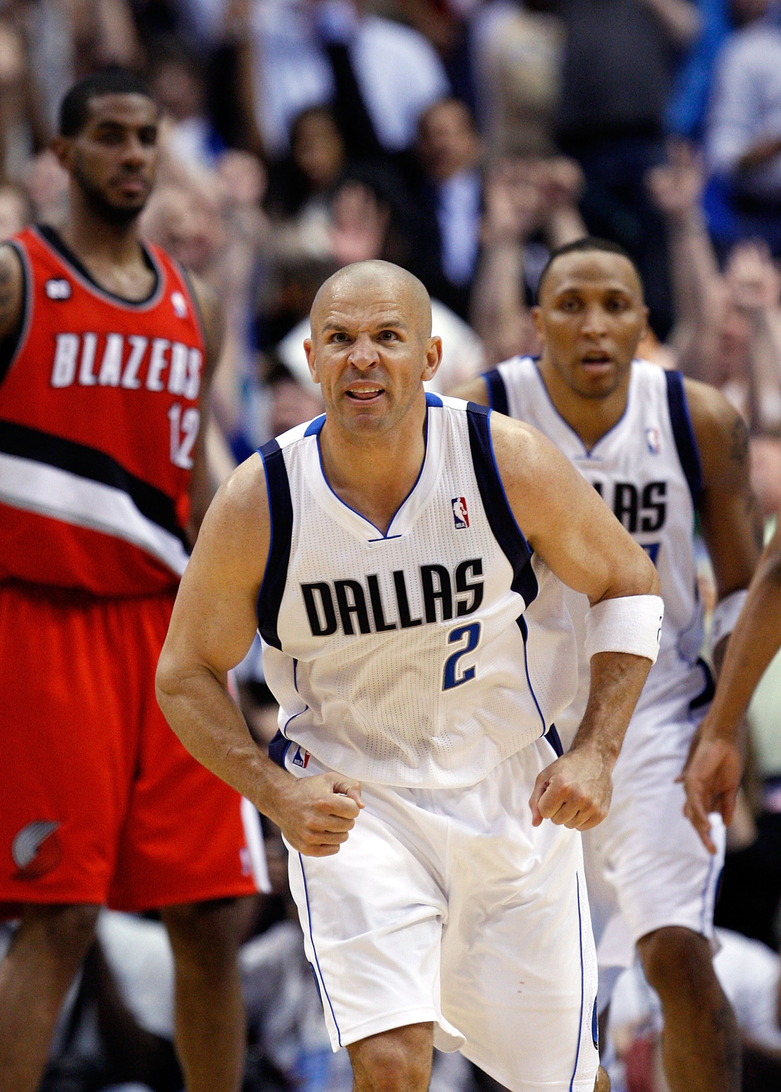 DALLAS, TX - APRIL 16: Guard Jason Kidd #2 of the Dallas Mavericks reacts after a three point shot against the Portland Trail Blazers in Game One of the Western Conference Quarterfinals during the 2011 NBA Playoffs on April 16, 2011 at American Airlines DALLAS, TX - APRIL 16: Guard Jason Kidd #2 of the Dallas Mavericks reacts after a three point shot against the Portland Trail Blazers in Game One of the Western Conference Quarterfinals during the 2011 NBA Playoffs on April 16, 2011 at American Airlines