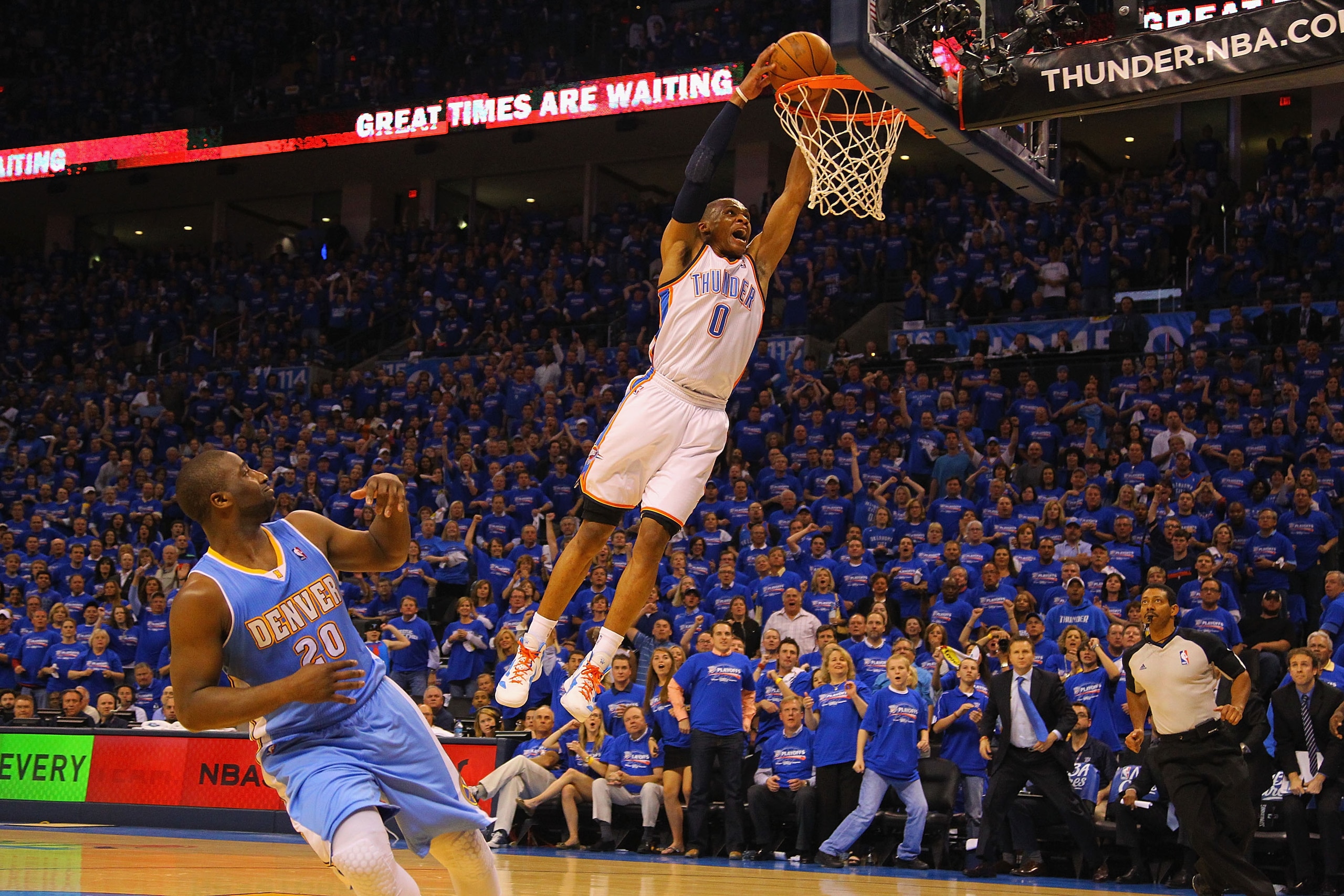 OKLAHOMA CITY, OK - APRIL 17: Russell Westbrook #0 of the Oklahoma City Thunder dunks the ball against Raymond Felton #20 of the Denver Nuggets in Game One of the Western Conference Quarterfinals in the 2011 NBA Playoffs on April 17, 2011 at the Ford Cent OKLAHOMA CITY, OK - APRIL 17: Russell Westbrook #0 of the Oklahoma City Thunder dunks the ball against Raymond Felton #20 of the Denver Nuggets in Game One of the Western Conference Quarterfinals in the 2011 NBA Playoffs on April 17, 2011 at the Ford Cent
