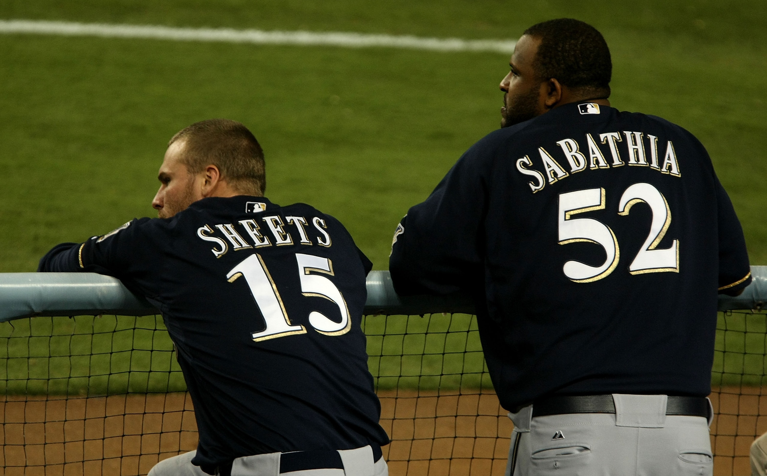 LOS ANGELES - AUGUST 15: Starting pitchers Ben Sheets #15 and CC. Sabathia #52 of the Milwaukee Brewers watch the game against the Los Angeles Dodgers on August 15, 2008 at Dodger Stadium in Los Angeles, California. (Photo by Stephen Dunn/Gety Images) LOS ANGELES - AUGUST 15: Starting pitchers Ben Sheets #15 and CC. Sabathia #52 of the Milwaukee Brewers watch the game against the Los Angeles Dodgers on August 15, 2008 at Dodger Stadium in Los Angeles, California. (Photo by Stephen Dunn/Gety Images)