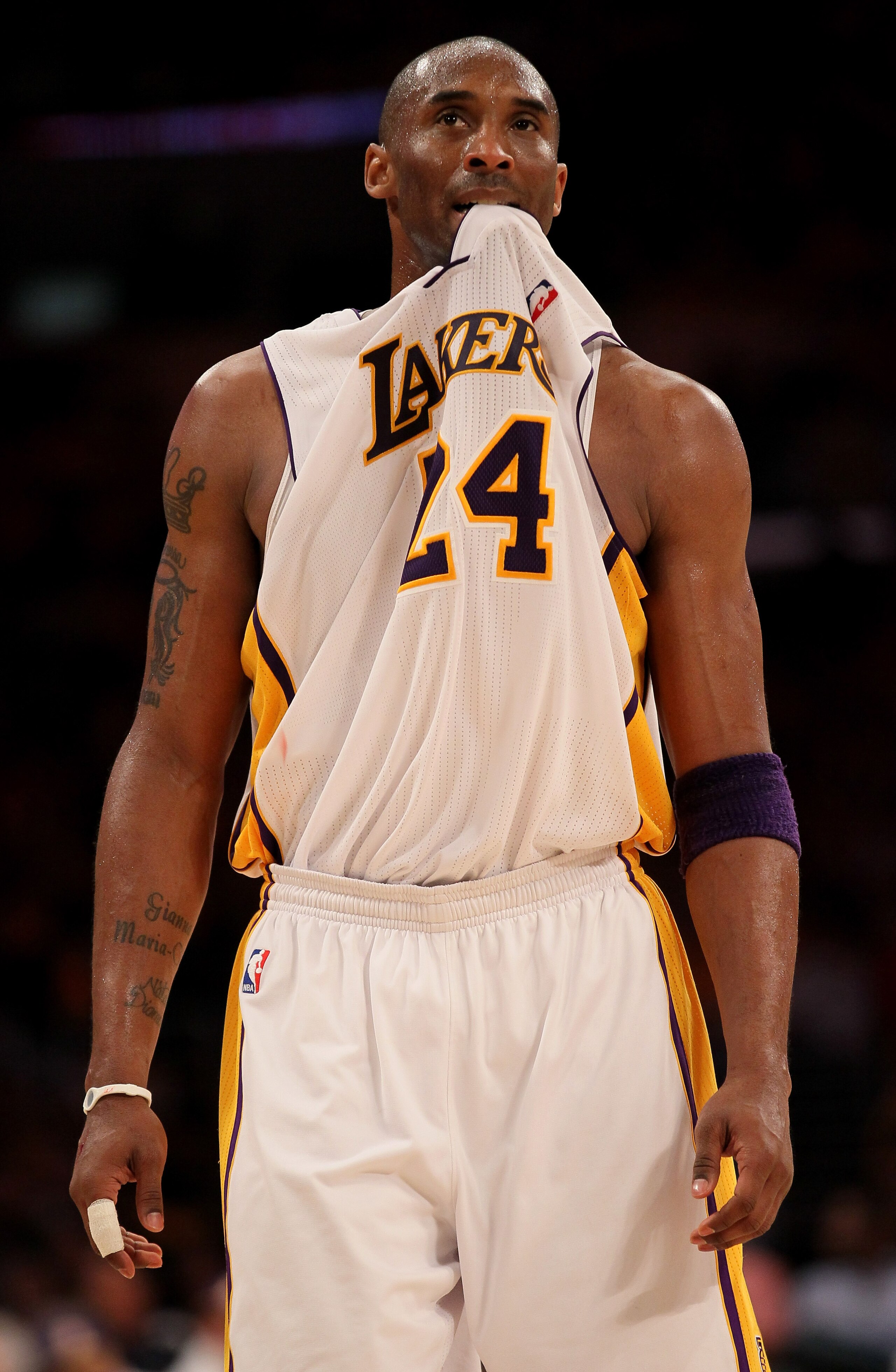 LOS ANGELES, CA - APRIL 17:  Kobe Bryant #24 of the Los Angeles Lakers stands on the court in the game against the New Orleans Hornets in Game One of the Western Conference Quarterfinals in the 2011 NBA Playoffs on April 17, 2011 at Staples Center in Los