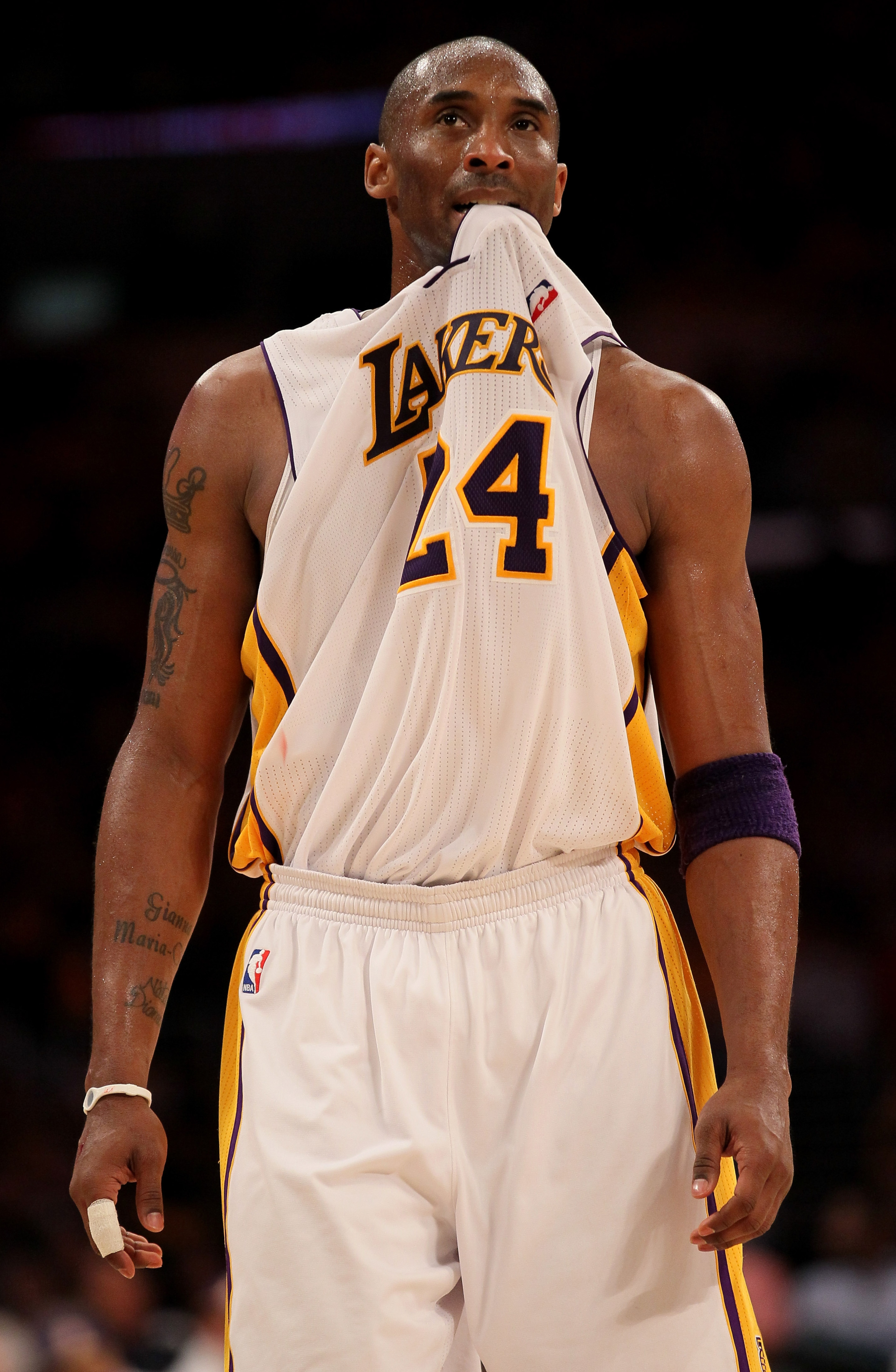 LOS ANGELES, CA - APRIL 17: Kobe Bryant #24 of the Los Angeles Lakers stands on the court in the game against the New Orleans Hornets in Game One of the Western Conference Quarterfinals in the 2011 NBA Playoffs on April 17, 2011 at Staples Center in Los LOS ANGELES, CA - APRIL 17: Kobe Bryant #24 of the Los Angeles Lakers stands on the court in the game against the New Orleans Hornets in Game One of the Western Conference Quarterfinals in the 2011 NBA Playoffs on April 17, 2011 at Staples Center in Los