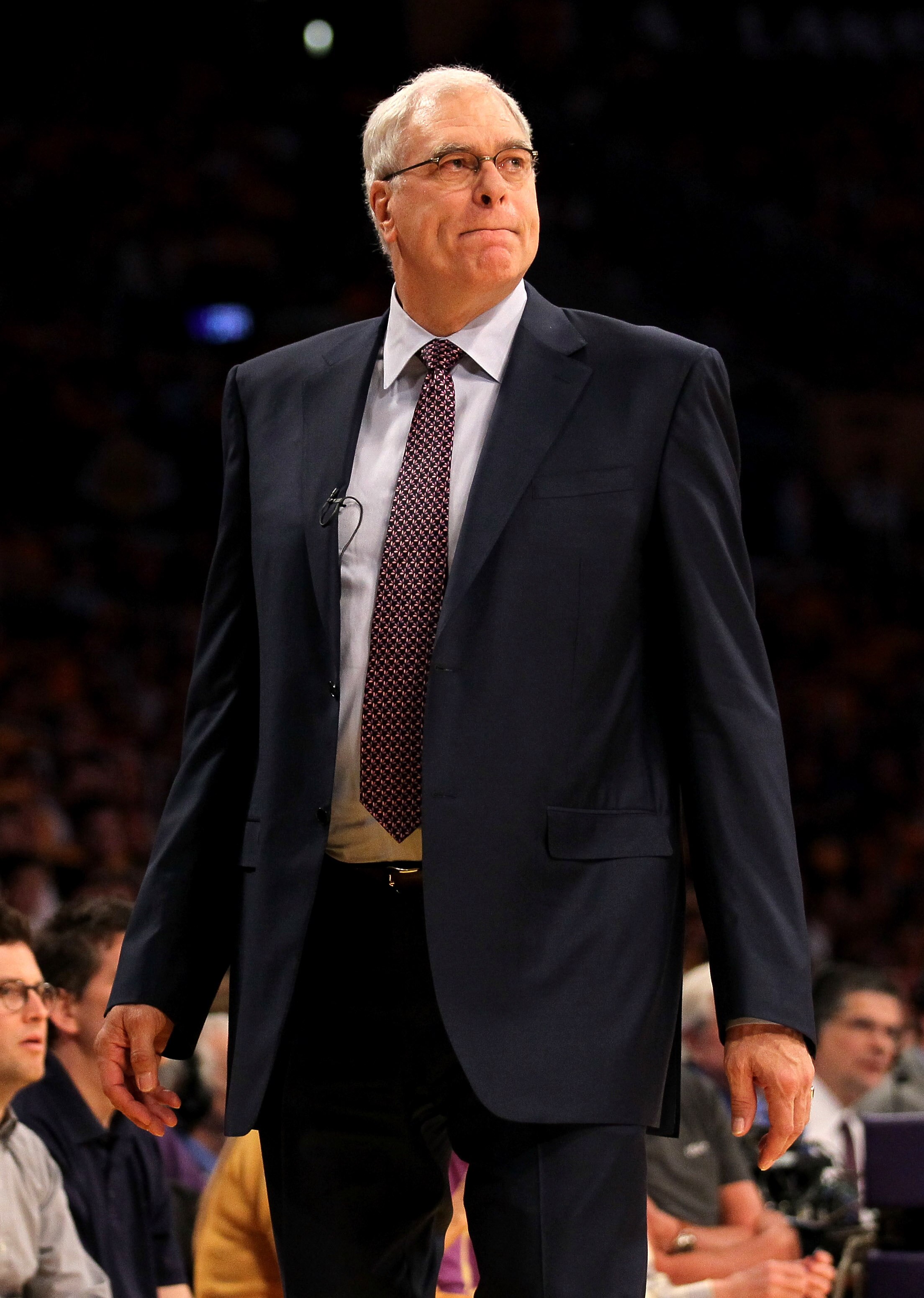 LOS ANGELES, CA - APRIL 17:  Head coach Phil Jackson of the Los Angeles Lakers reacts during the game with the New Orleans Hornets in Game One of the Western Conference Quarterfinals in the 2011 NBA Playoffs on April 17, 2011 at Staples Center in Los Ange