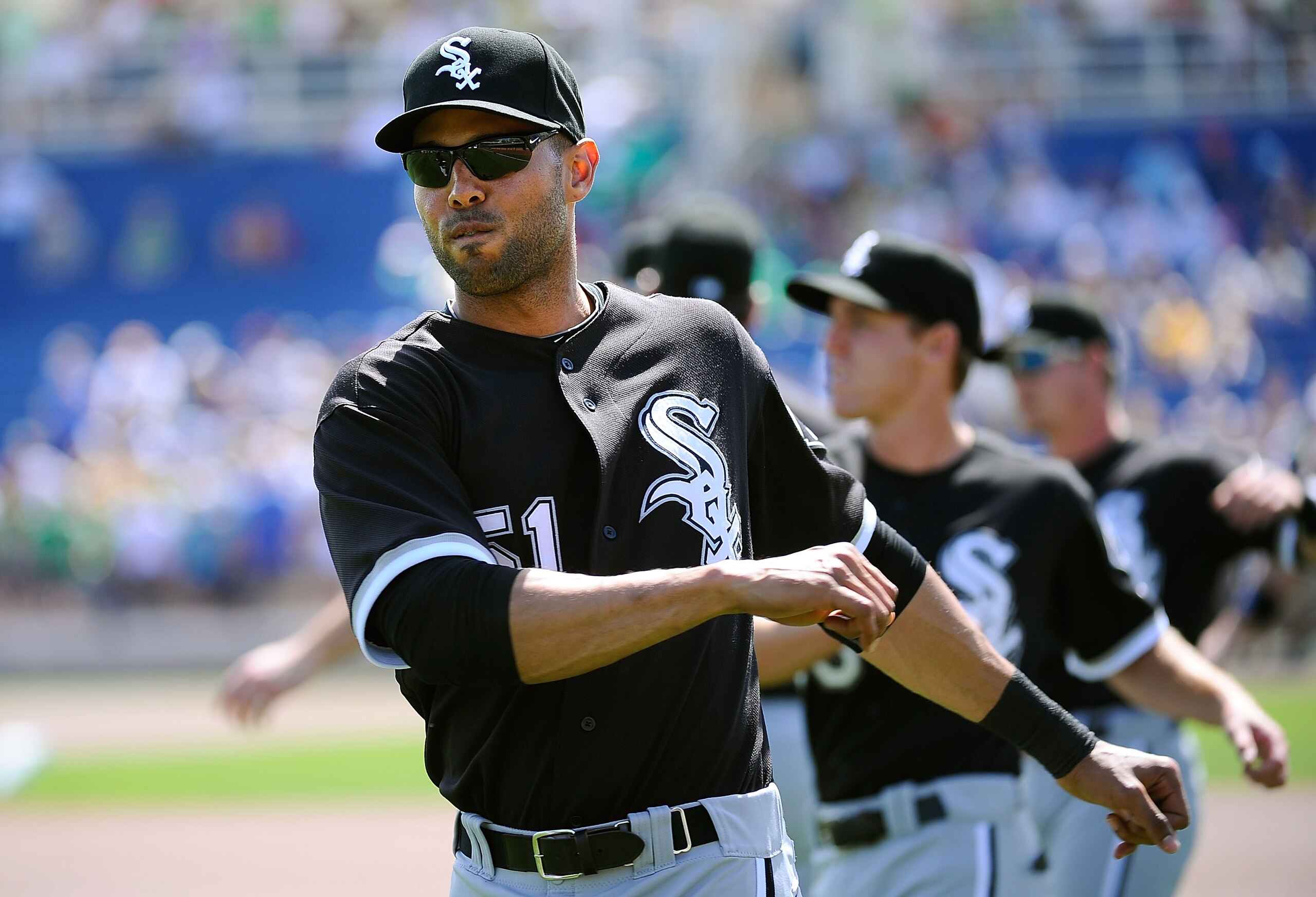 PHOENIX, AZ - MARCH 17:  Alex Rios #51 of the Chicago White Sox warms up before playing against the Milwaukee Brewers during the spring training game at Maryvale Baseball Park on March 17, 2011 in Phoenix, Arizona.  (Photo by Kevork Djansezian/Getty Image