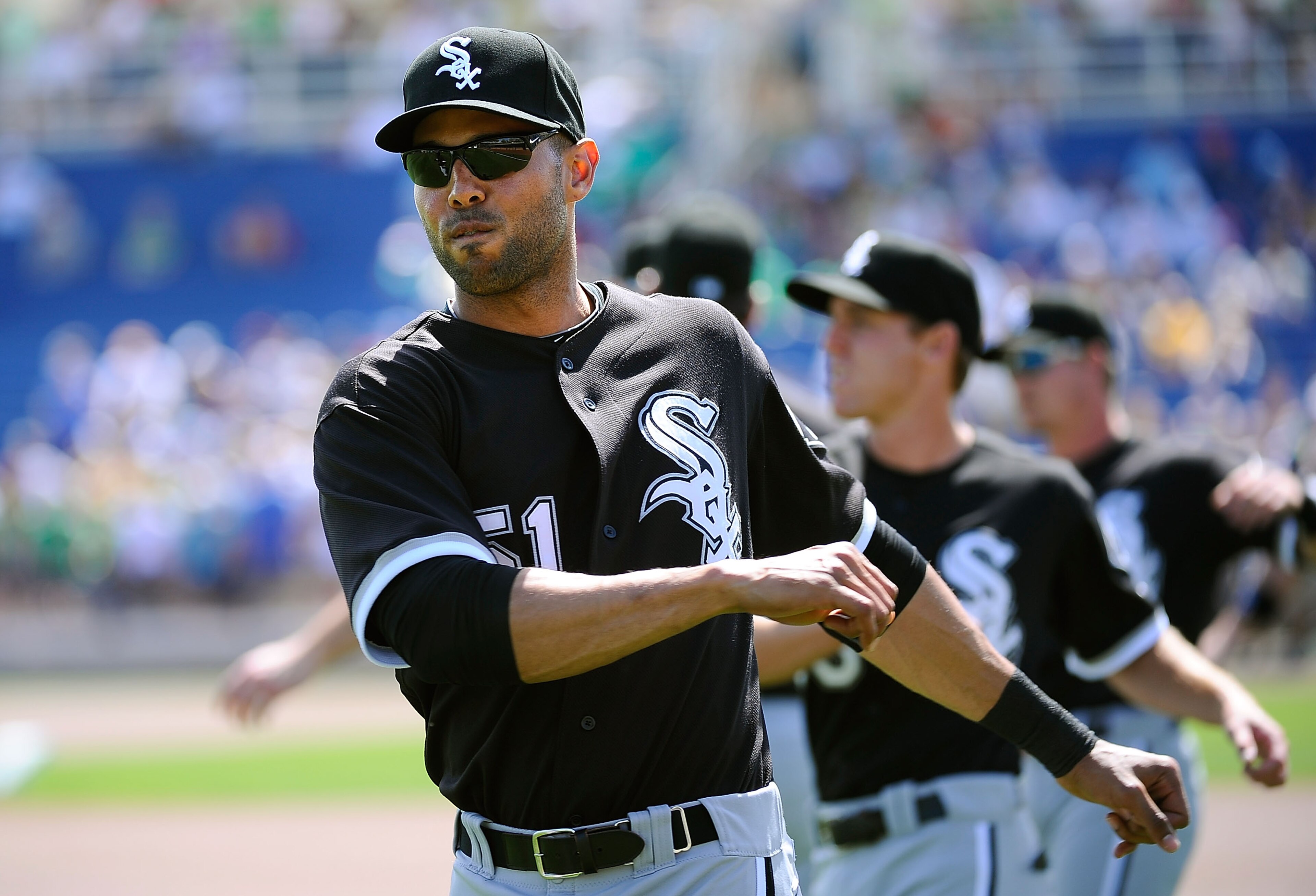 PHOENIX, AZ - MARCH 17:  Alex Rios #51 of the Chicago White Sox warms up before playing against the Milwaukee Brewers during the spring training game at Maryvale Baseball Park on March 17, 2011 in Phoenix, Arizona.  (Photo by Kevork Djansezian/Getty Image