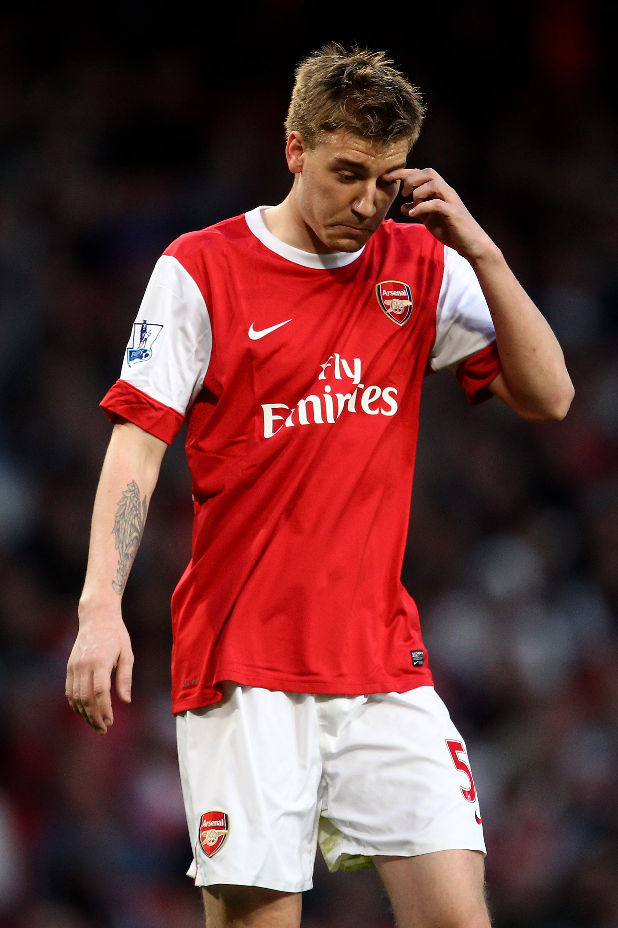 LONDON, ENGLAND - APRIL 02: Nicklas Bendtner of Arsenal looks dejected during the Barclays Premier League match between Arsenal and Blackburn Rovers at the Emirates Stadium on April 2, 2011 in London, England.  (Photo by Julian Finney/Getty Images)