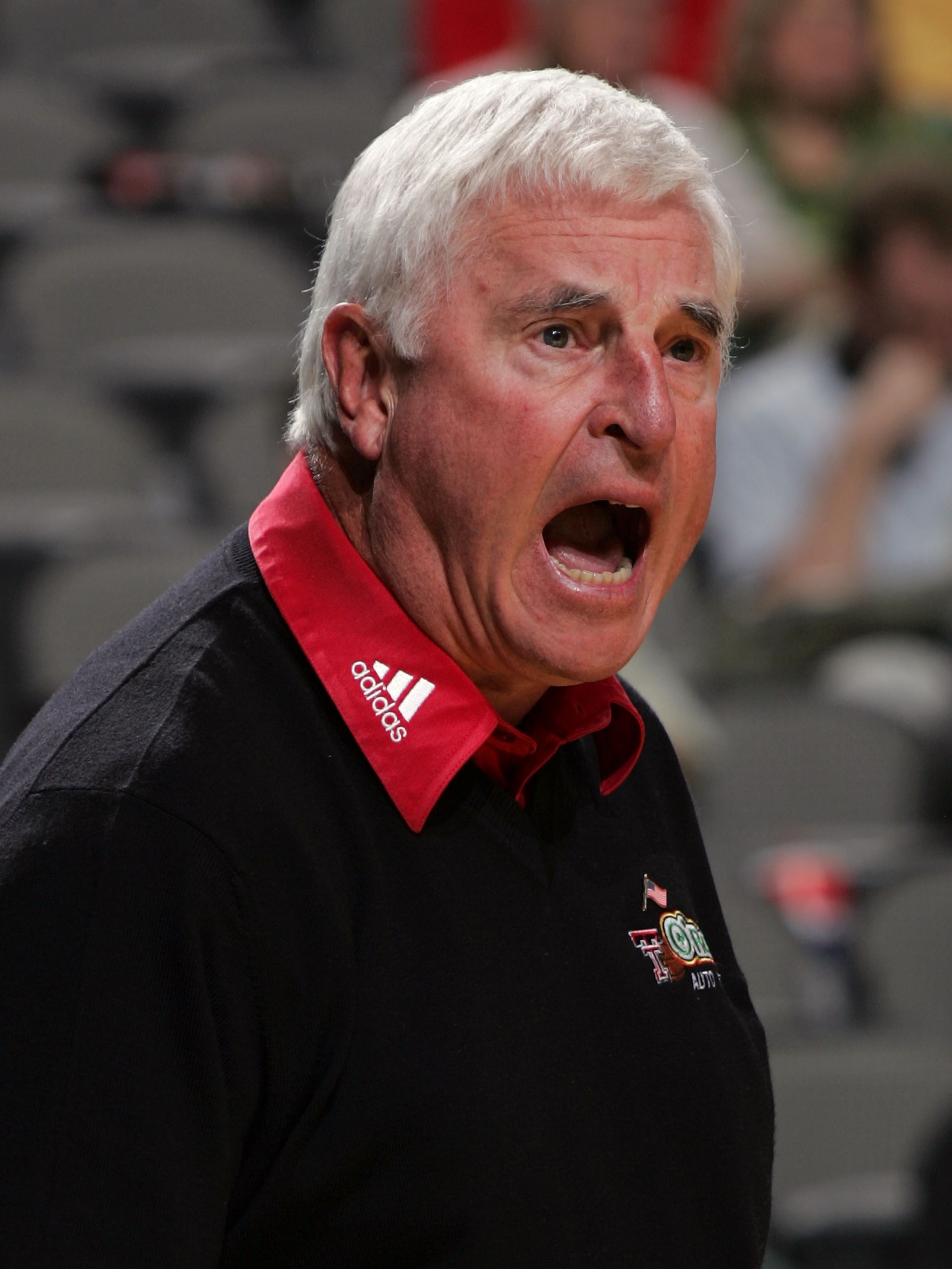 DALLAS - MARCH 09:  DALLAS -  Head Coach Bobby Knight of the Texas Tech Red Raiders yells from the sideline during the first round of the Phillips 66 Big 12 Men's Basketball Championship game against the Kansas State Wildcats at American Airlines Arena on