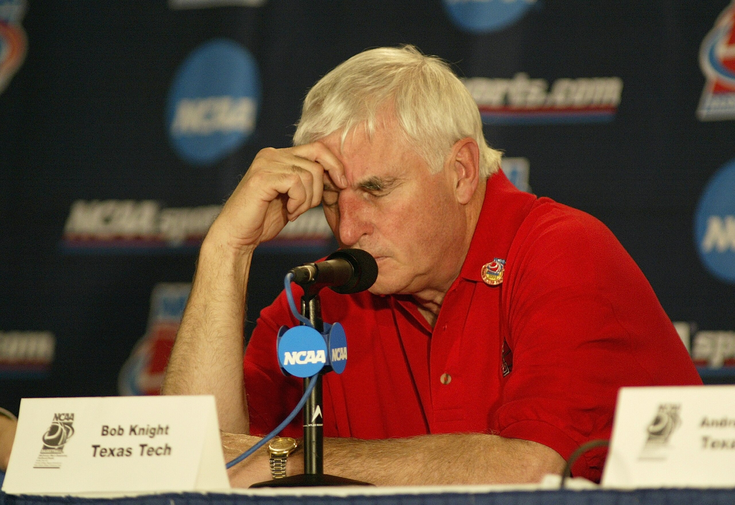BUFFALO, NY - MARCH 20:  Head coach Bob Knight of the Texas Tech University Red Raiders talks to the press after loosing to the St. Joseph's University Hawks in the second round of the NCAA Men's Basketball Championships at the HSBC Arena on March 20, 200