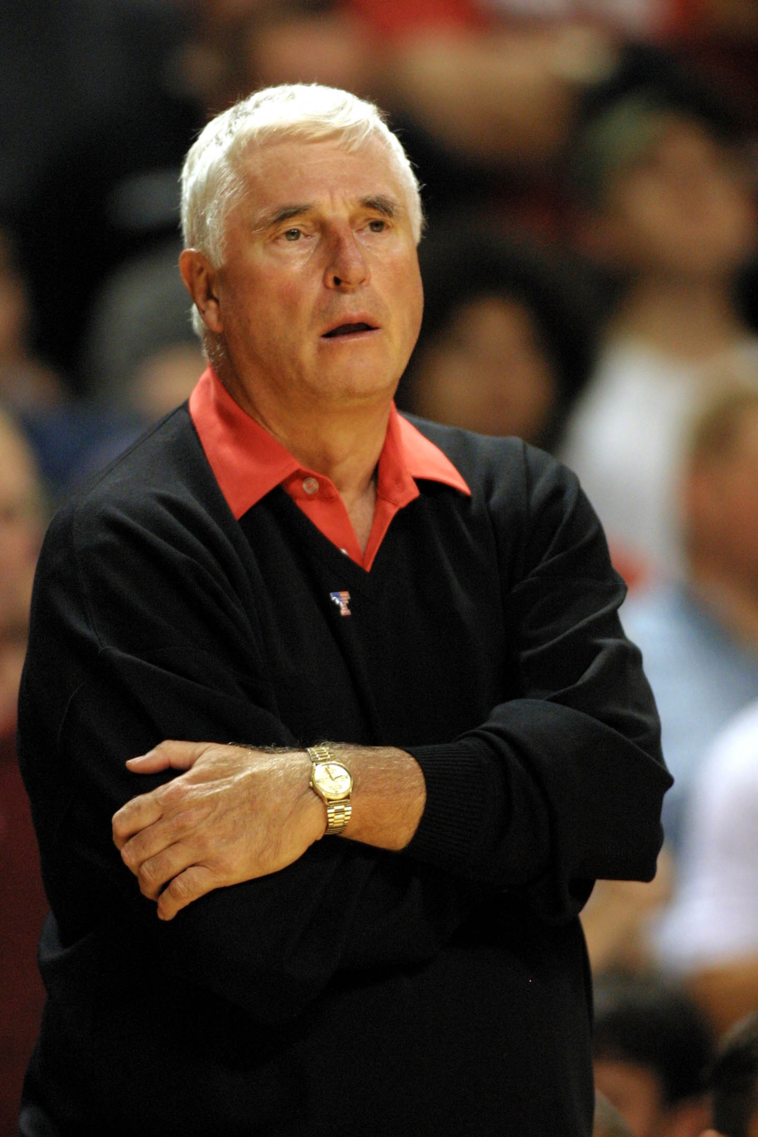 16 November 2001:  Texas Tech head coach Bobby Knight admires his team from the bench while they play against William & Mary during the Ford Red Raider Classic at the United Spirit Arena in Lubbock, TX.  The Red Raiders defeat the Tribe 75-55.  DIGITAL IM