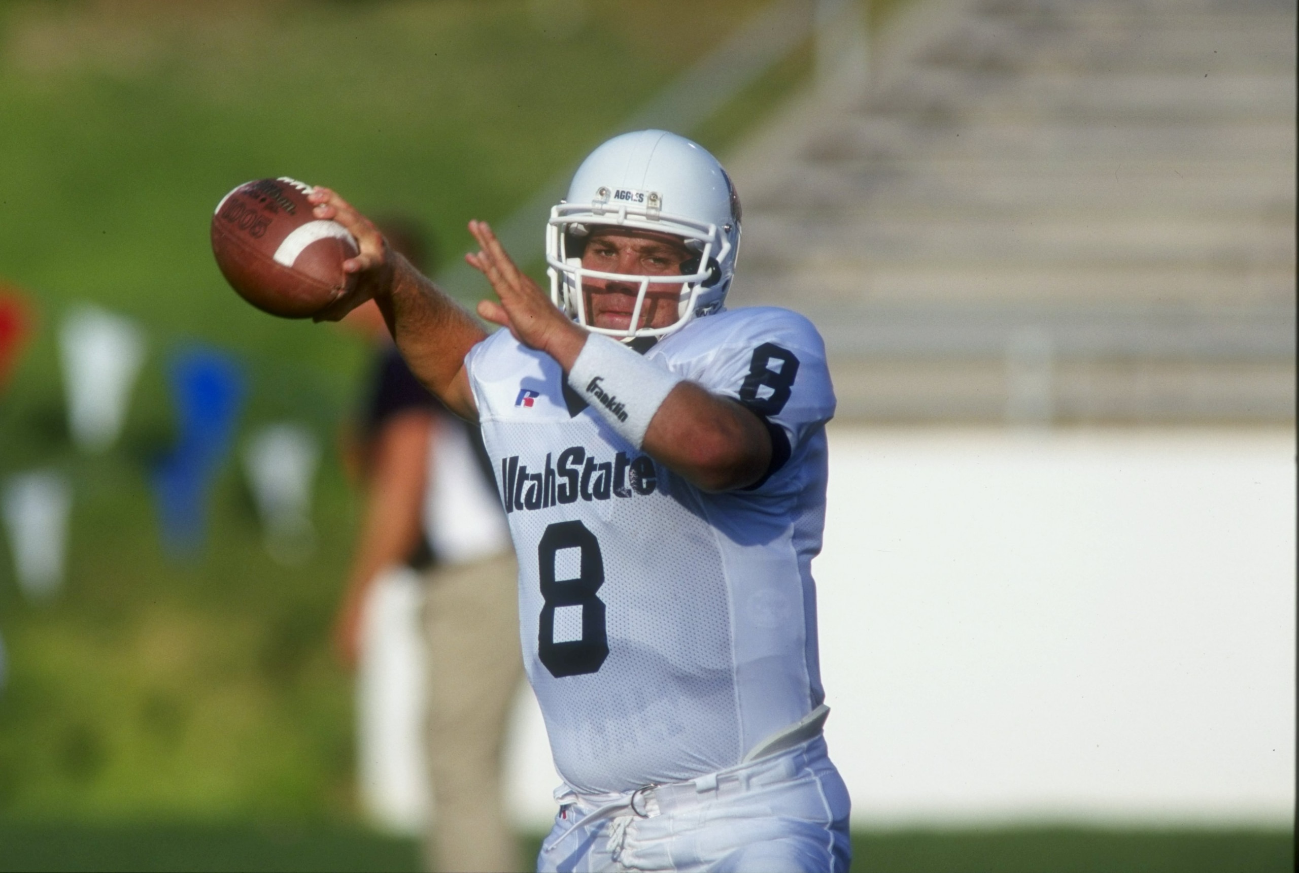12 Sep 1998: Quarterback Riley Jensen #8 of the Utah State Aggies in action during the game against the New Mexico Lobos at the University Stadium in Albuquerque, New Mexico. The Lobos defeated the Aggies 39-36. 12 Sep 1998: Quarterback Riley Jensen #8 of the Utah State Aggies in action during the game against the New Mexico Lobos at the University Stadium in Albuquerque, New Mexico. The Lobos defeated the Aggies 39-36.
