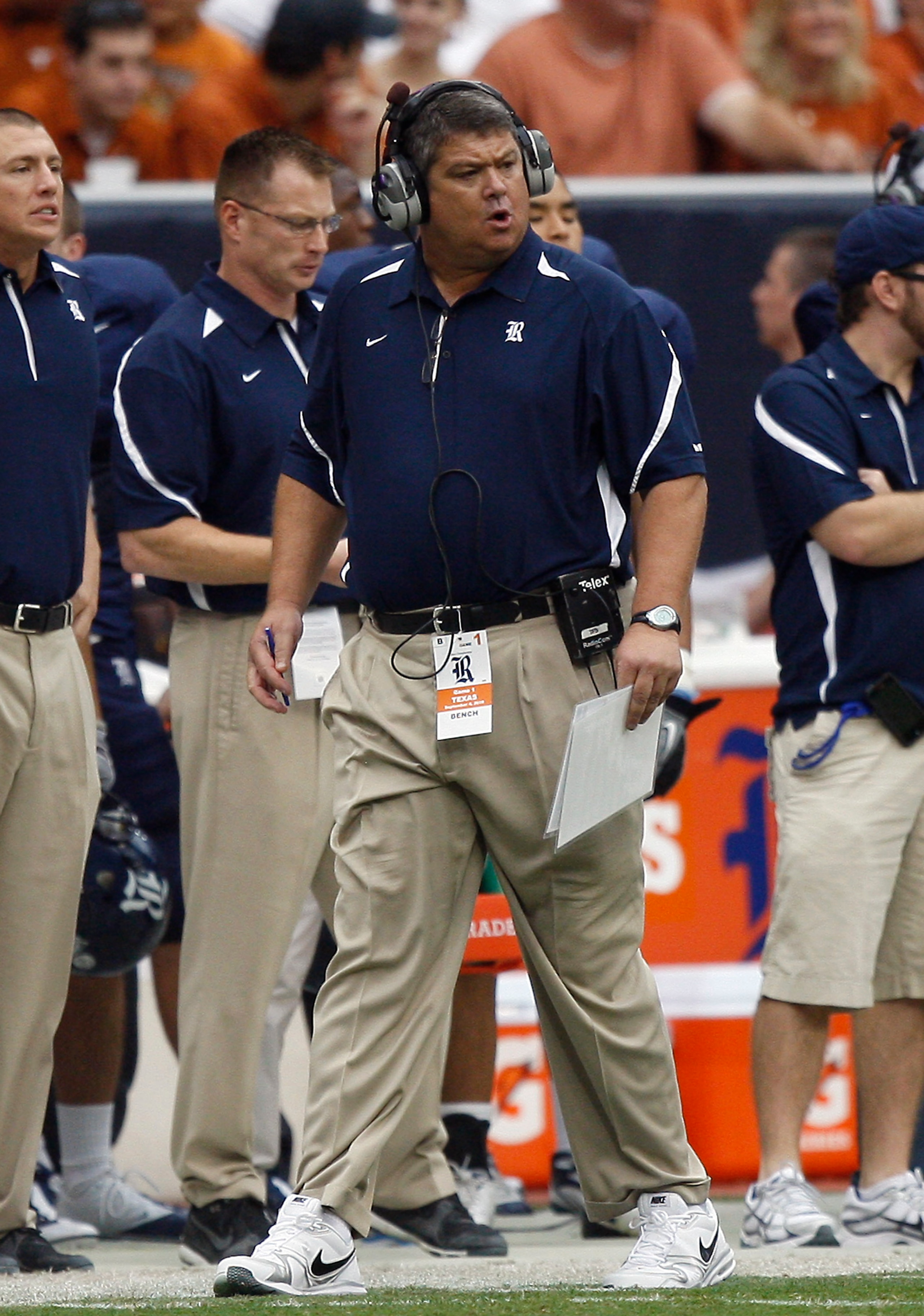 HOUSTON - SEPTEMBER 04: Head coach David Bailiff of the Rice Owls during game action against the Texas Longhorns at Reliant Stadium on September 4, 2010 in Houston, Texas. Texas won 34-17. (Photo by Bob Levey/Getty Images) HOUSTON - SEPTEMBER 04: Head coach David Bailiff of the Rice Owls during game action against the Texas Longhorns at Reliant Stadium on September 4, 2010 in Houston, Texas. Texas won 34-17. (Photo by Bob Levey/Getty Images)