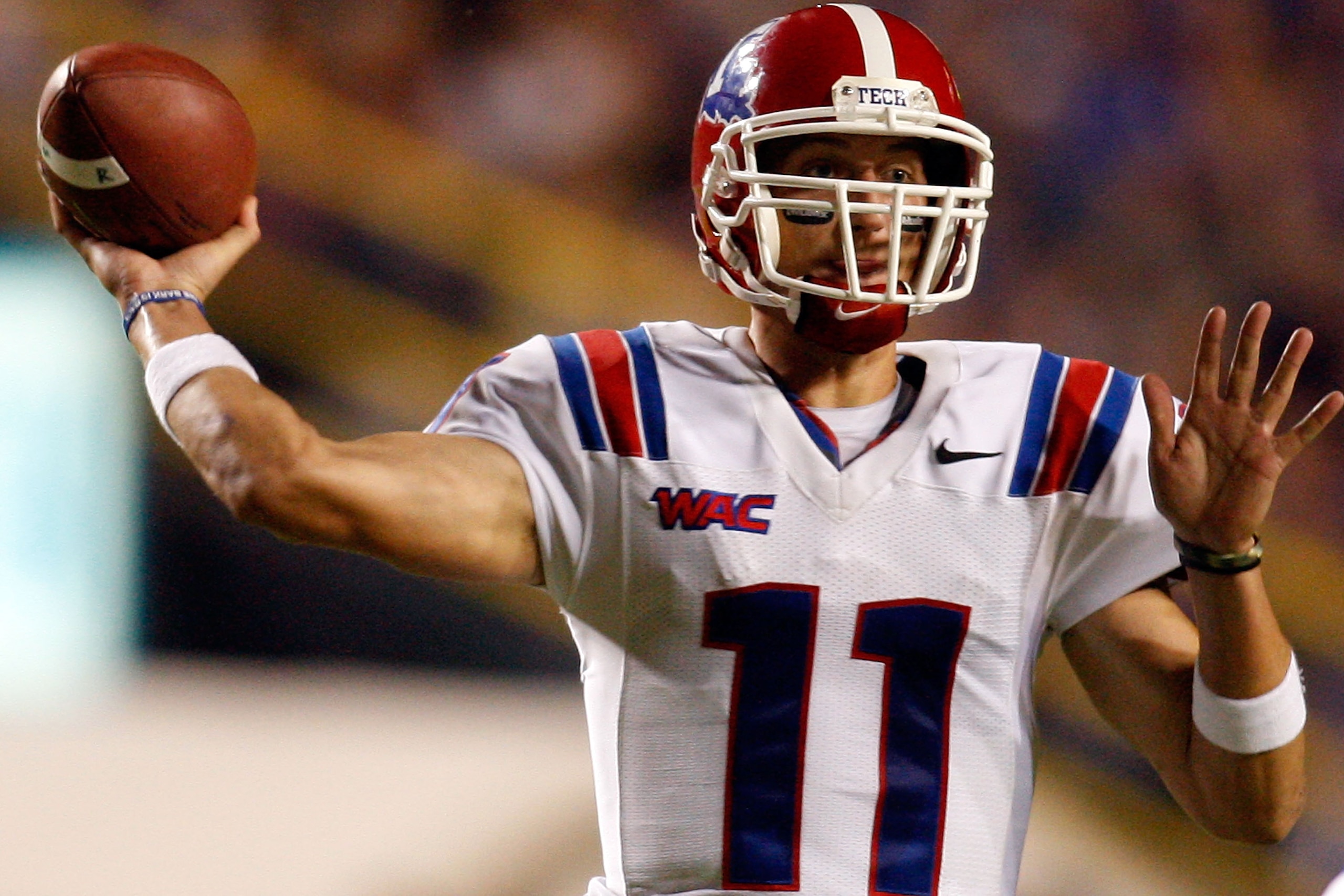 BATON ROUGE, LA - NOVEMBER 14: Quarterback Ross Jenkins #11 of the Louisiana Tech Bulldogs throws a pass against the LSU Tigers at Tiger Stadium on November 14, 2009 in Baton Rouge, Louisiana. The Tigers defeated the Bulldogs 24-16. (Photo by Chris Gra BATON ROUGE, LA - NOVEMBER 14: Quarterback Ross Jenkins #11 of the Louisiana Tech Bulldogs throws a pass against the LSU Tigers at Tiger Stadium on November 14, 2009 in Baton Rouge, Louisiana. The Tigers defeated the Bulldogs 24-16. (Photo by Chris Gra