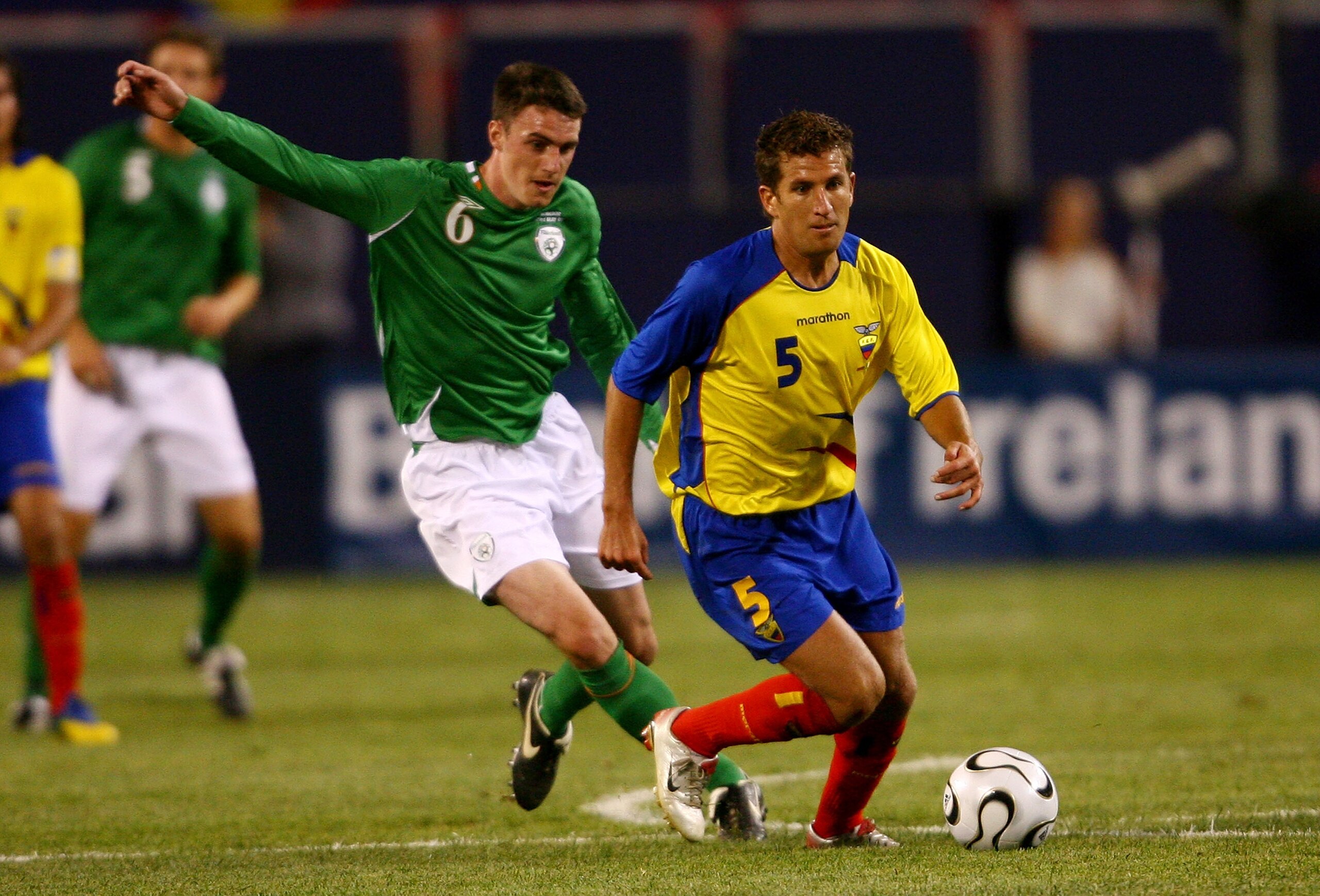 NEW YORK - MAY 23:  Alan Potter #6 of the Republic of Ireland chases down Patricio Urrutia #5 of Ecuador during their International Friendly at Giants Stadium in the Meadowlands on May 23, 2007 in East Rutherford, New Jersey.  (Photo by Nick Laham/Getty I