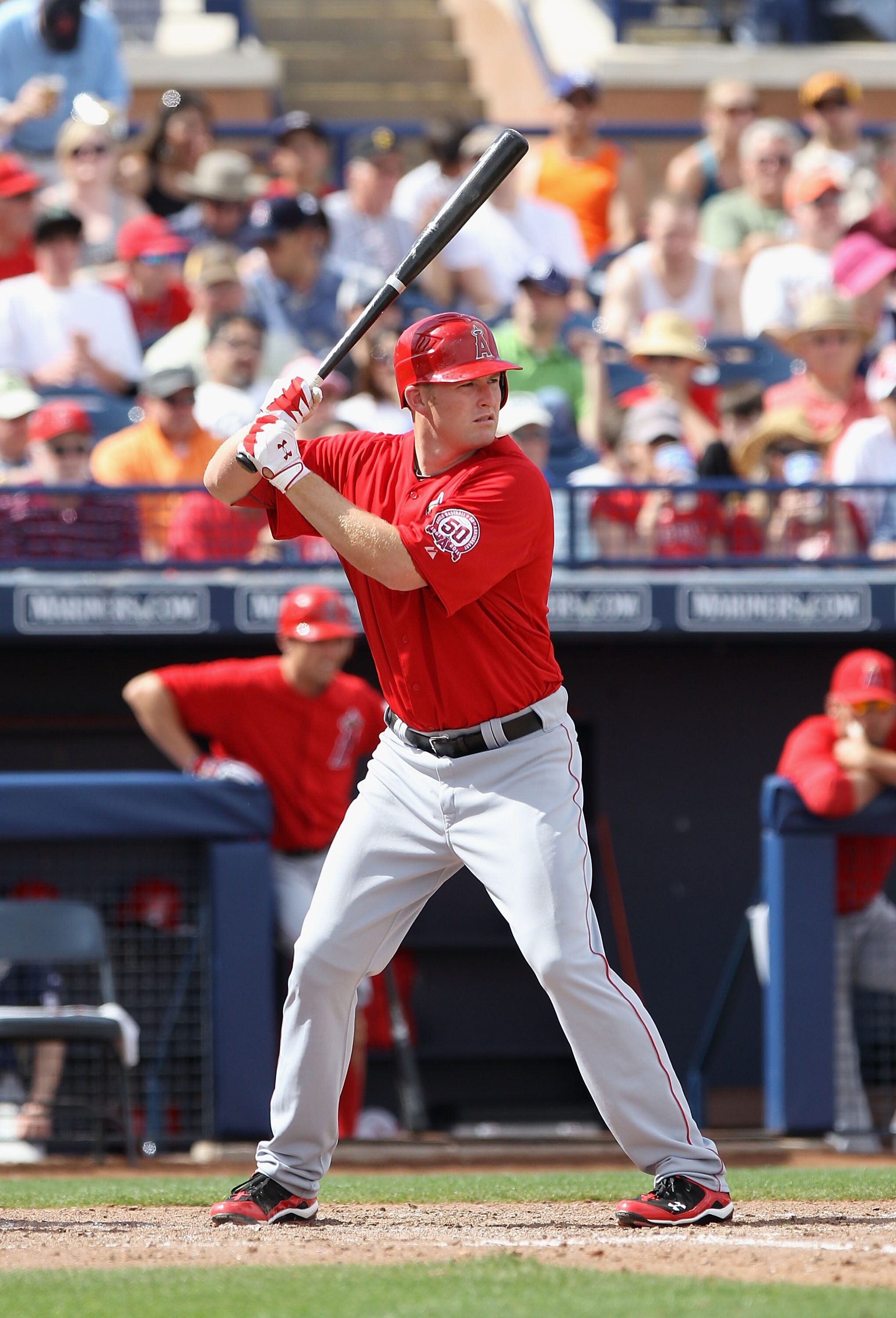 PEORIA, AZ - MARCH 15:  Mark Trumbo #44 of the Los Angeles Angels of Anaheim bats against the San Diego Padres during the spring training game at Peoria Stadium on March 15, 2011 in Peoria, Arizona.  (Photo by Christian Petersen/Getty Images)