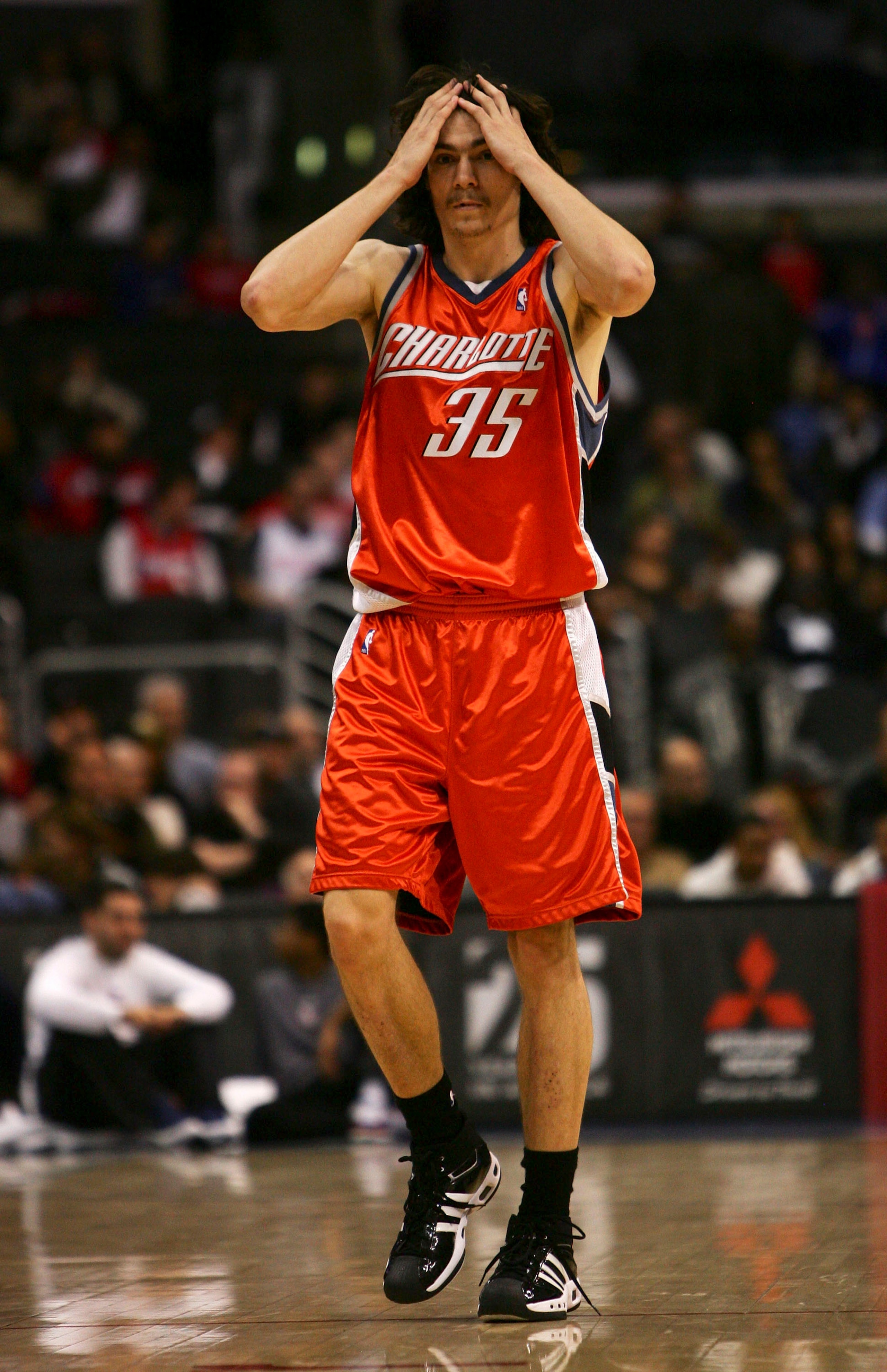 LOS ANGELES, CA - FEBRUARY 26:  Adam Morrison #35 of the Charlotte Bobcats reacts to his team trailing 100-93 in the final minutes of the game against the Los Angeles Clippers during the quarter at the Staples Center on February 26, 2007 in Los Angeles, C