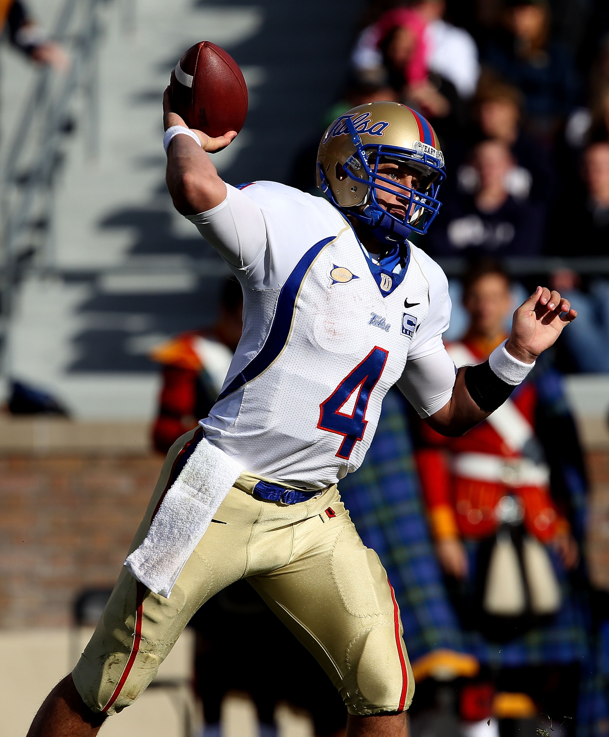 SOUTH BEND, IN - OCTOBER 30: G.J. Kinne #4 of the Tulsa Golden Hurricane throws a pass against the Notre Dame Fighting Irish rushes at Notre Dame Stadium on October 30, 2010 in South Bend, Indiana. Tulsa defeated Notre Dame 28-27. (Photo by Jonathan Danie SOUTH BEND, IN - OCTOBER 30: G.J. Kinne #4 of the Tulsa Golden Hurricane throws a pass against the Notre Dame Fighting Irish rushes at Notre Dame Stadium on October 30, 2010 in South Bend, Indiana. Tulsa defeated Notre Dame 28-27. (Photo by Jonathan Danie