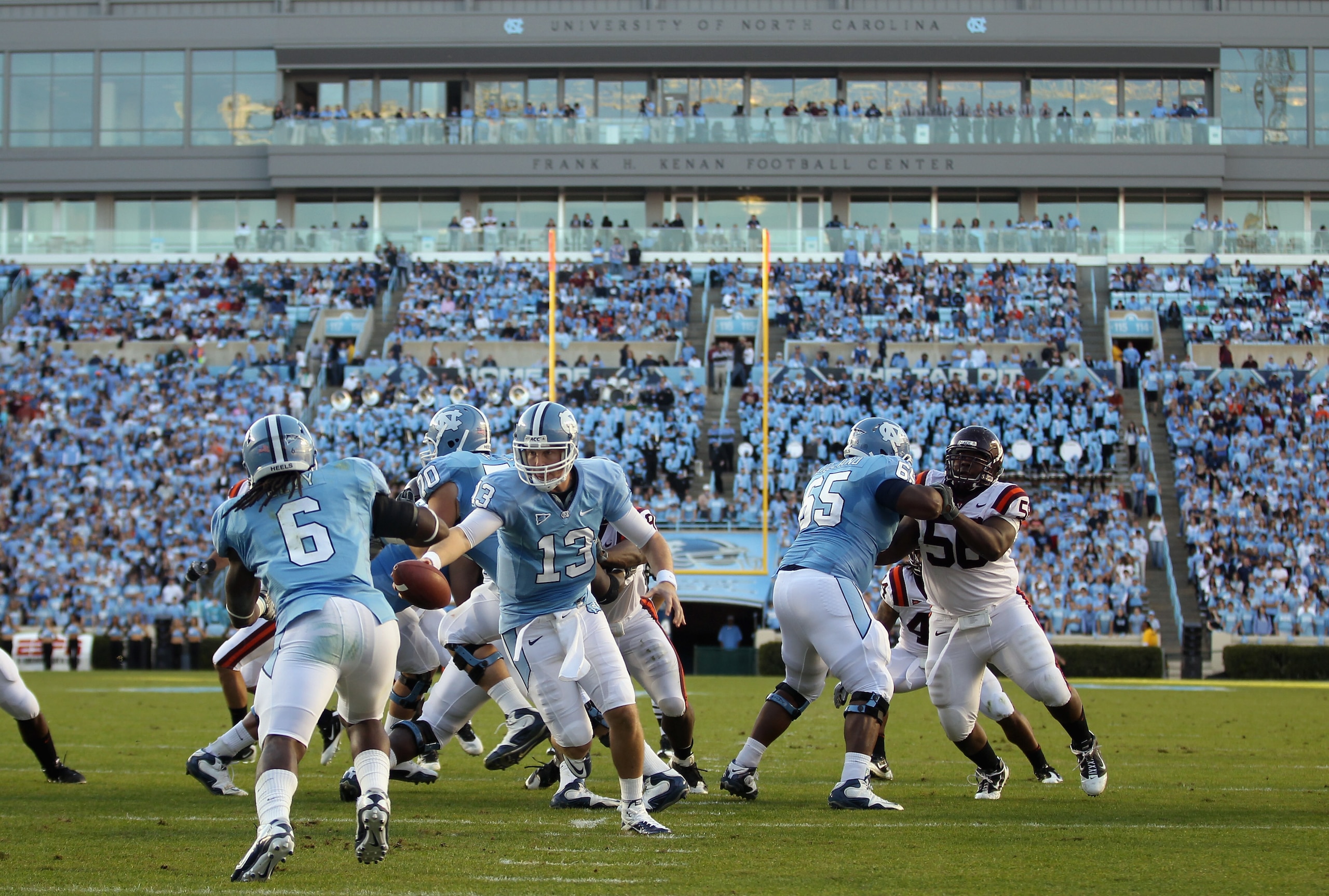 CHAPEL HILL, NC - NOVEMBER 13: T.J. Yates #13 of the North Carolina Tar Heels against the Virginia Tech Hokies during their game at Kenan Stadium on November 13, 2010 in Chapel Hill, North Carolina. (Photo by Streeter Lecka/Getty Images) CHAPEL HILL, NC - NOVEMBER 13: T.J. Yates #13 of the North Carolina Tar Heels against the Virginia Tech Hokies during their game at Kenan Stadium on November 13, 2010 in Chapel Hill, North Carolina. (Photo by Streeter Lecka/Getty Images)