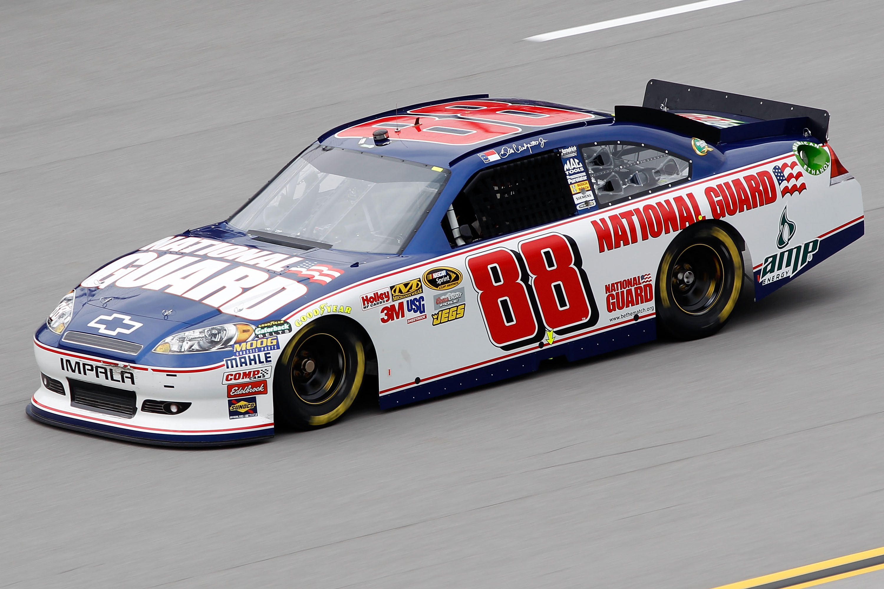 TALLADEGA, AL - APRIL 15:  Dale Earnhardt Jr., drives the #88 National Guard/AMP Energy Chevrolet during practice for the NASCAR Sprint Cup Series Aaron's 499 at Talladega Superspeedway on April 15, 2011 in Talladega, Alabama.  (Photo by Todd Warshaw/Gett