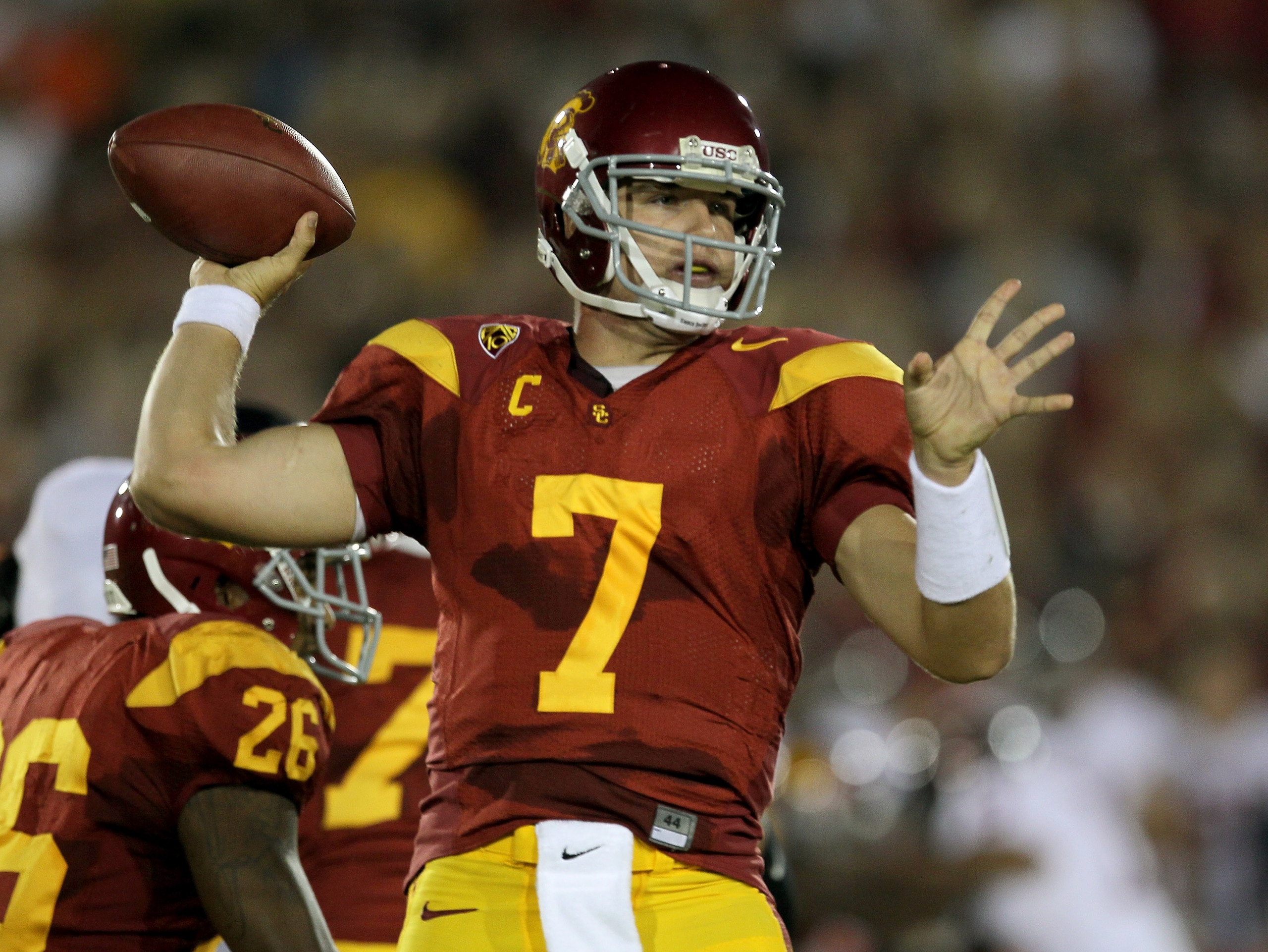 LOS ANGELES - SEPTEMBER 11: Quarterback Matt Barkley #7 of the USC Trojans throws a pass against the Virginia Cavaliers at Los Angeles Memorial Coliseum on September 11, 2010 in Los Angeles, California. (Photo by Stephen Dunn/Getty Images) LOS ANGELES - SEPTEMBER 11: Quarterback Matt Barkley #7 of the USC Trojans throws a pass against the Virginia Cavaliers at Los Angeles Memorial Coliseum on September 11, 2010 in Los Angeles, California. (Photo by Stephen Dunn/Getty Images)