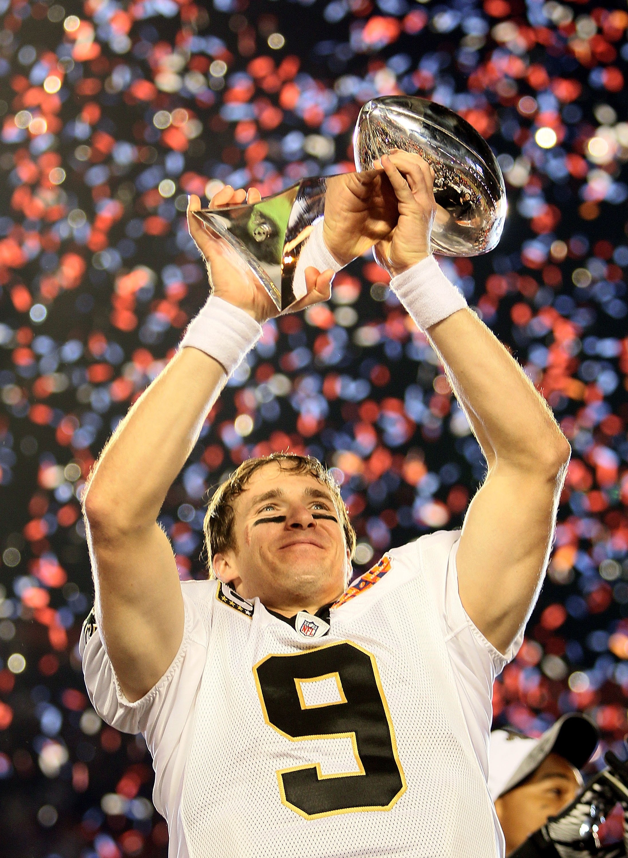 MIAMI GARDENS, FL - FEBRUARY 07:  Quarterback Drew Brees #9 of the New Orleans Saints celebrates after his team defeated the Indianapolis Colts during Super Bowl XLIV on February 7, 2010 at Sun Life Stadium in Miami Gardens, Florida.  (Photo by Andy Lyons