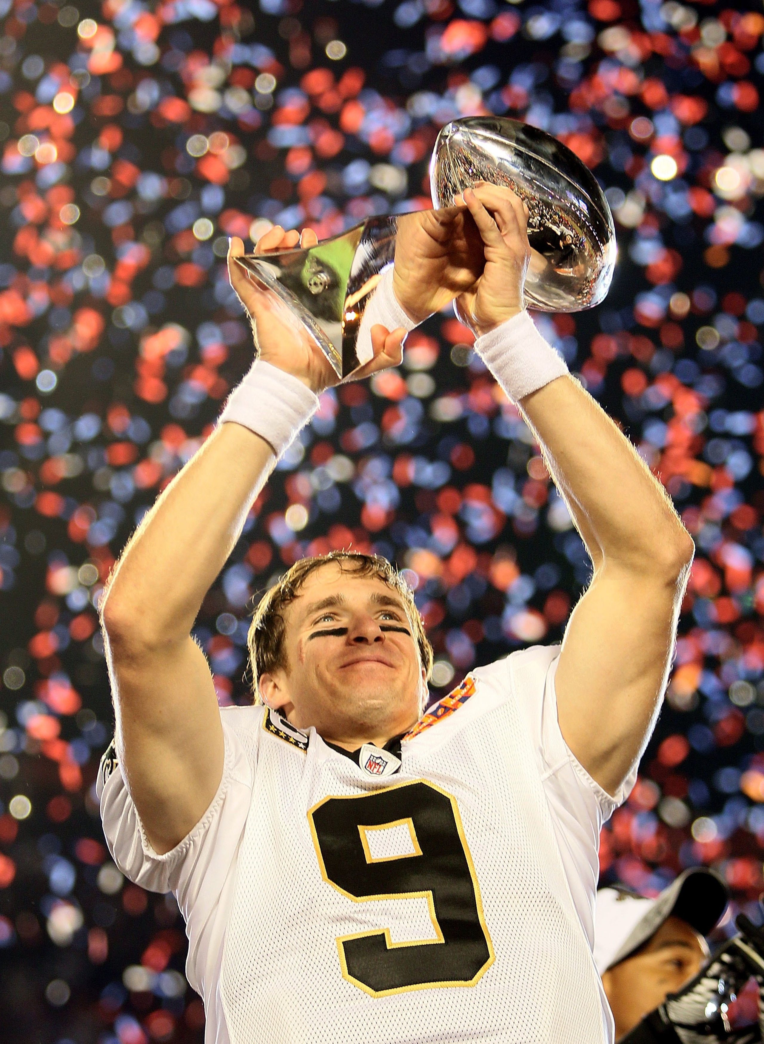 MIAMI GARDENS, FL - FEBRUARY 07:  Quarterback Drew Brees #9 of the New Orleans Saints celebrates after his team defeated the Indianapolis Colts during Super Bowl XLIV on February 7, 2010 at Sun Life Stadium in Miami Gardens, Florida.  (Photo by Andy Lyons
