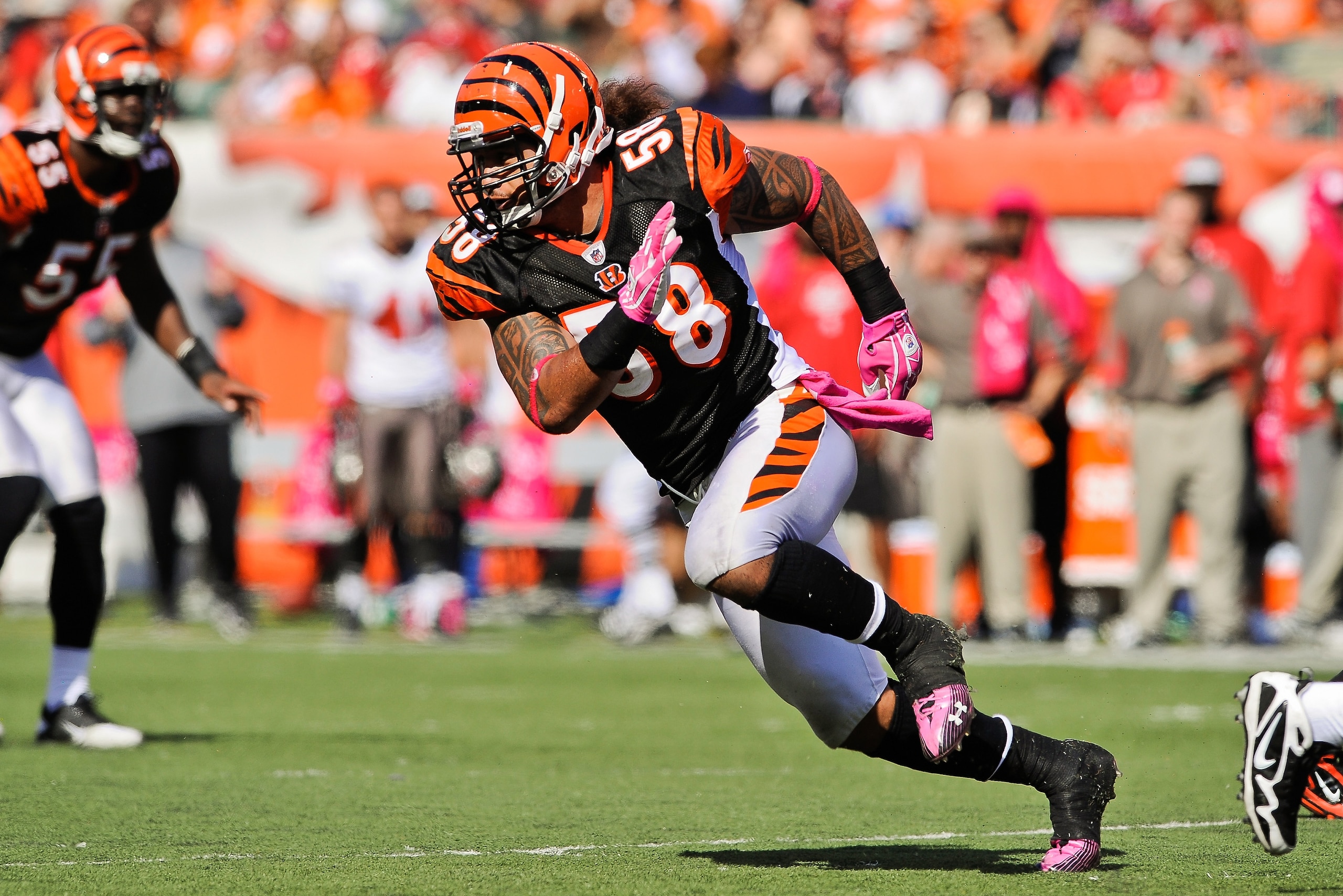 CINCINNATI, OH - OCTOBER 10: Rey Maualuga #58 of the Cincinnati Bengals runs after the ballcarrier against the Tampa Bay Buccaneers at Paul Brown Stadium on October 10, 2010 in Cincinnati, Ohio. (Photo by Jamie Sabau/Getty Images) CINCINNATI, OH - OCTOBER 10: Rey Maualuga #58 of the Cincinnati Bengals runs after the ballcarrier against the Tampa Bay Buccaneers at Paul Brown Stadium on October 10, 2010 in Cincinnati, Ohio. (Photo by Jamie Sabau/Getty Images)