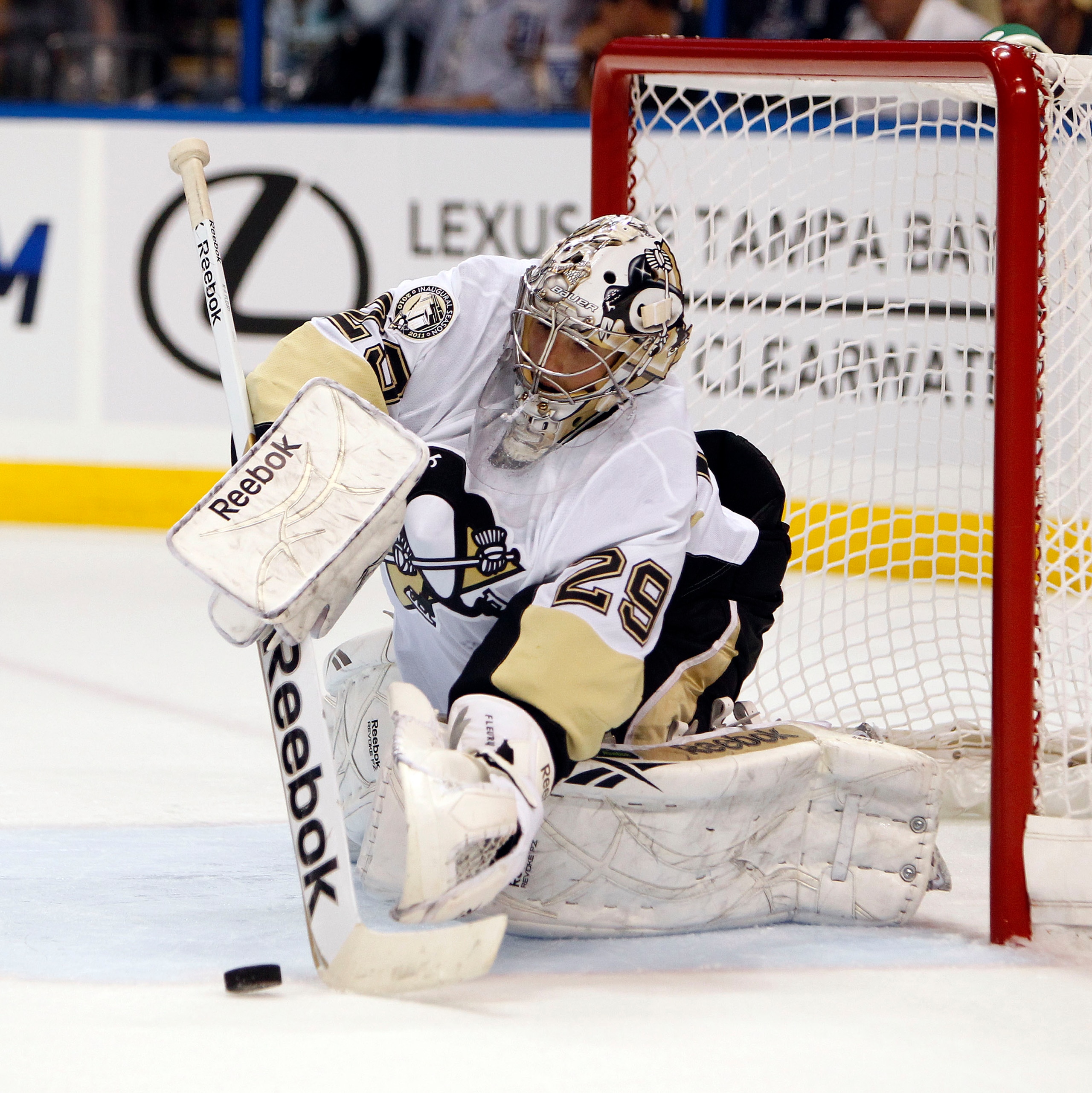 TAMPA, FL - APRIL 18: Goaltender Marc-Andre Fleury #29 of the Pittsburgh Penguins defends the net against the Tampa Bay Lightning in Game Three of the Eastern Conference Quarterfinals during the 2011 NHL Stanley Cup Playoffs at the St. Pete Times Forum on
