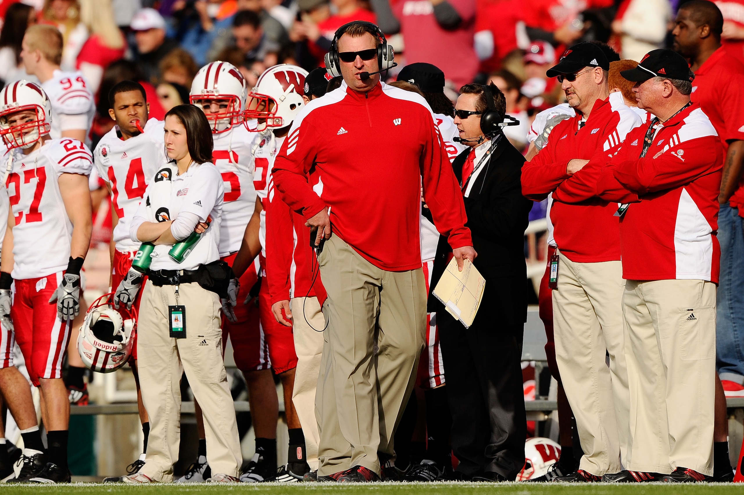 PASADENA, CA - JANUARY 01: Head coach Bret Bielema of the Wisconsin Badgers stands on the sidelines against the TCU Horned Frogs during the 97th Rose Bowl game on January 1, 2011 in Pasadena, California. (Photo by Kevork Djansezian/Getty Images) PASADENA, CA - JANUARY 01: Head coach Bret Bielema of the Wisconsin Badgers stands on the sidelines against the TCU Horned Frogs during the 97th Rose Bowl game on January 1, 2011 in Pasadena, California. (Photo by Kevork Djansezian/Getty Images)
