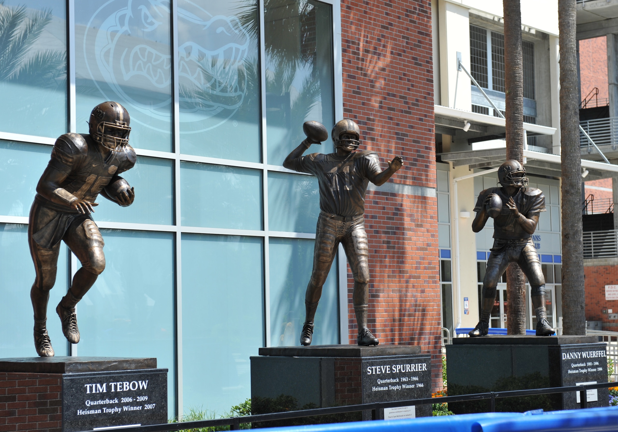 GAINESVILLE, FL - APRIL 9: Life-size statues of the Florida Gators three Heisman trophy winners - Tim Tebow, Danny Wuerffel and Steve Spurrier - are unvelied at halftime of the Orange and Blue spring football game April 9, 2011 Ben Hill Griffin Stadium a GAINESVILLE, FL - APRIL 9: Life-size statues of the Florida Gators three Heisman trophy winners - Tim Tebow, Danny Wuerffel and Steve Spurrier - are unvelied at halftime of the Orange and Blue spring football game April 9, 2011 Ben Hill Griffin Stadium a